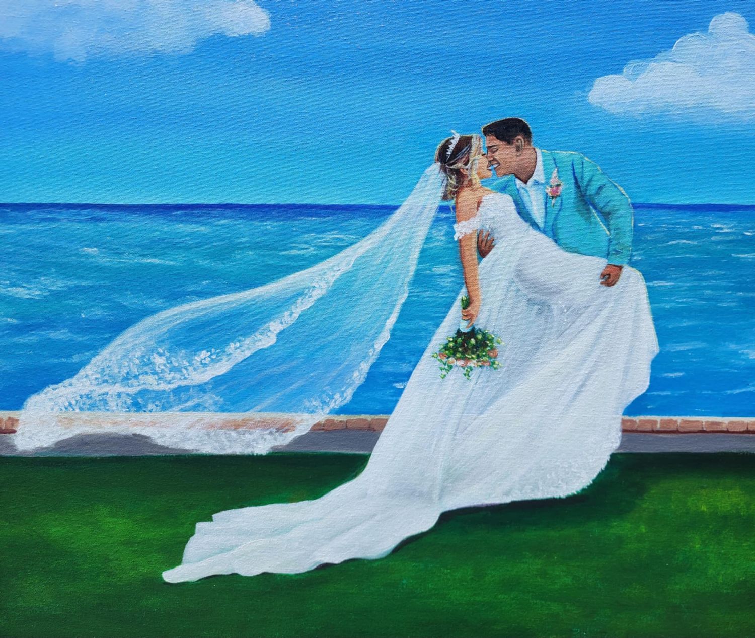 live wedding painting of a ceremony kiss at Cancun Quintana roo at the beach