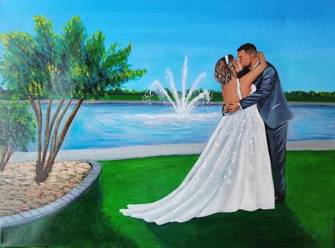 live wedding painting of a first kiss in el paso texas at sunset