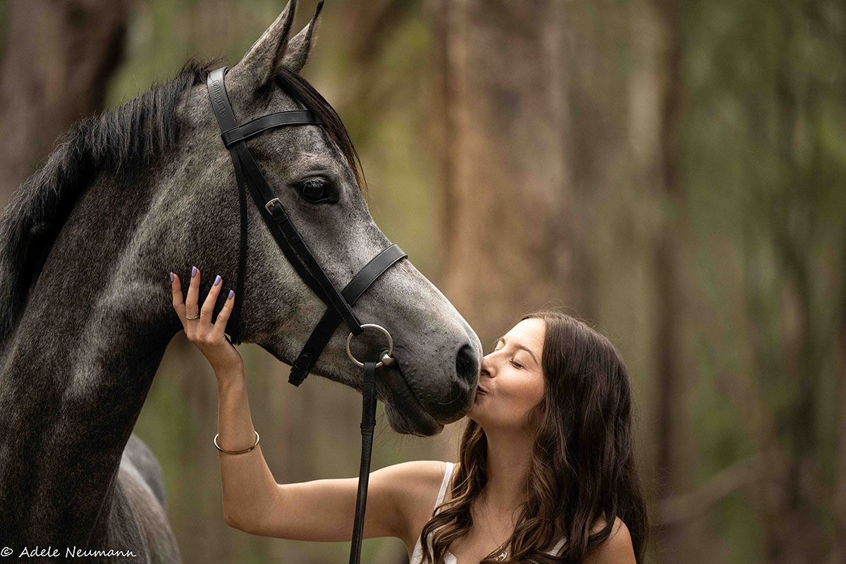 Young woman with long brown hair kisses a gray Arab horse wearing a bridle in a forest setting.