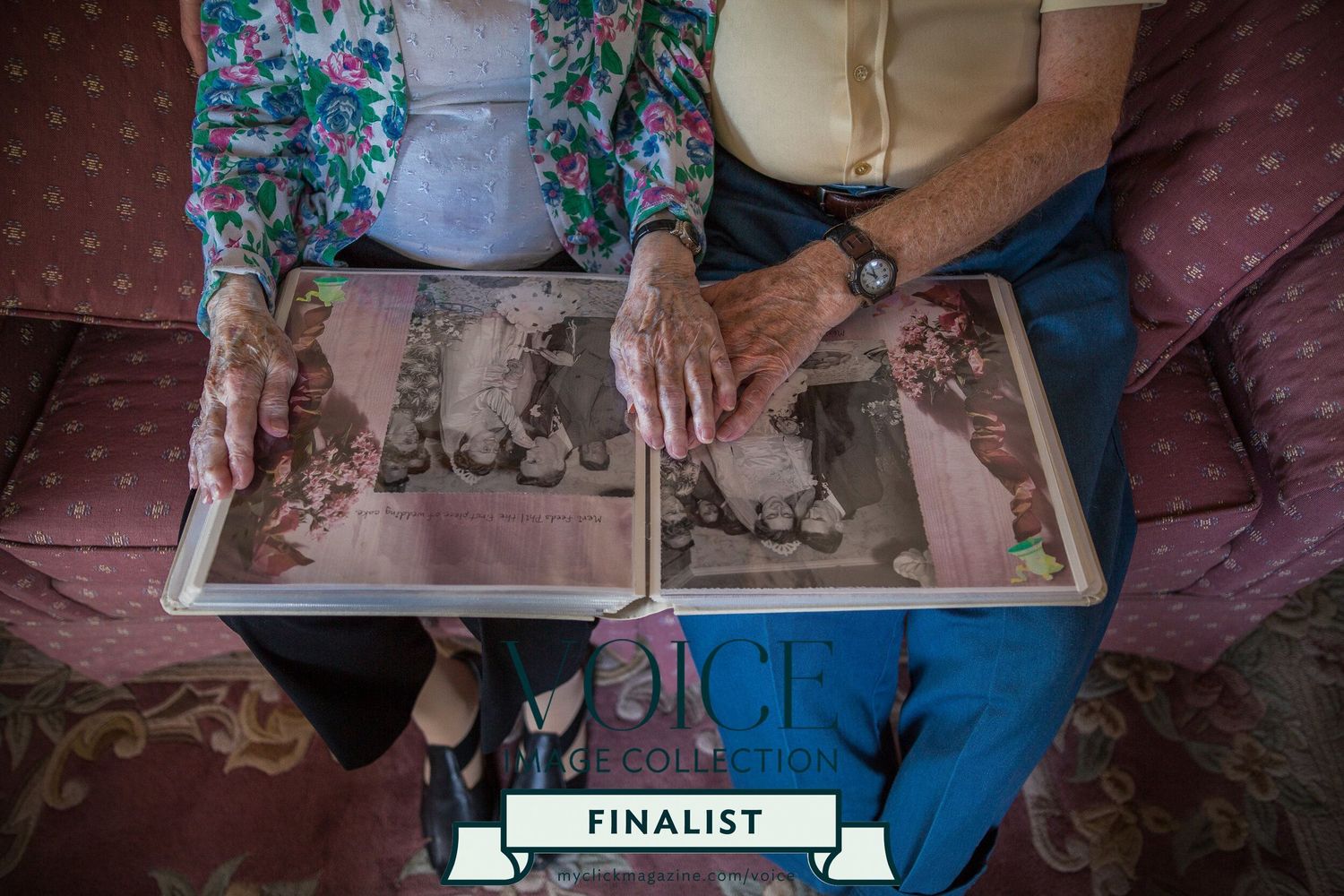 Elderly couple holds hands on their wedding album while sitting on a mauve sofa for an above view. New England photographer