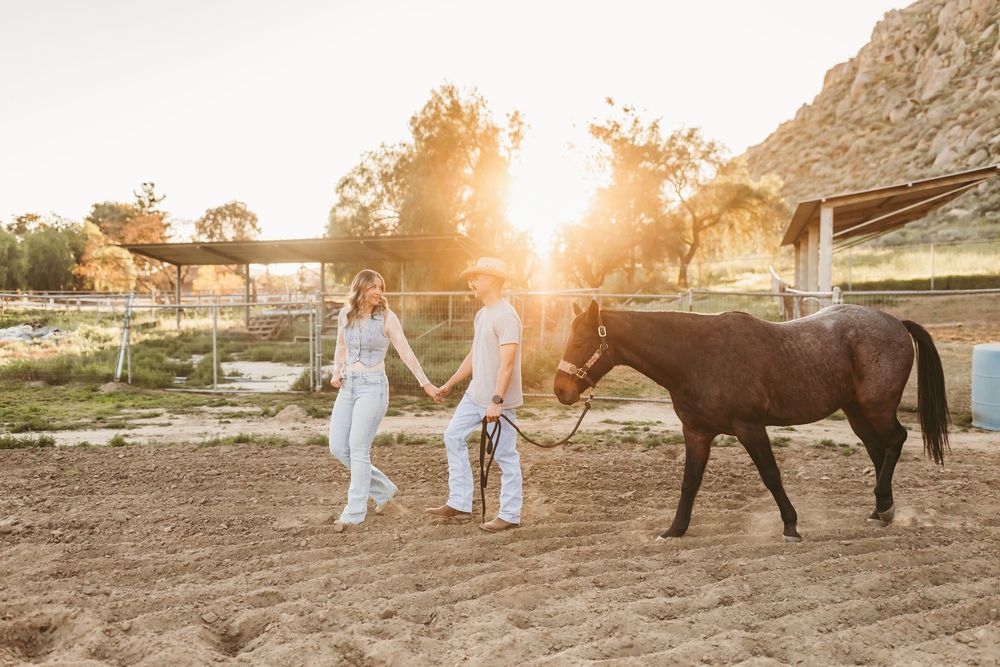 Couple holding hands walking with a brown horse at golden hour sunset on a ranch.