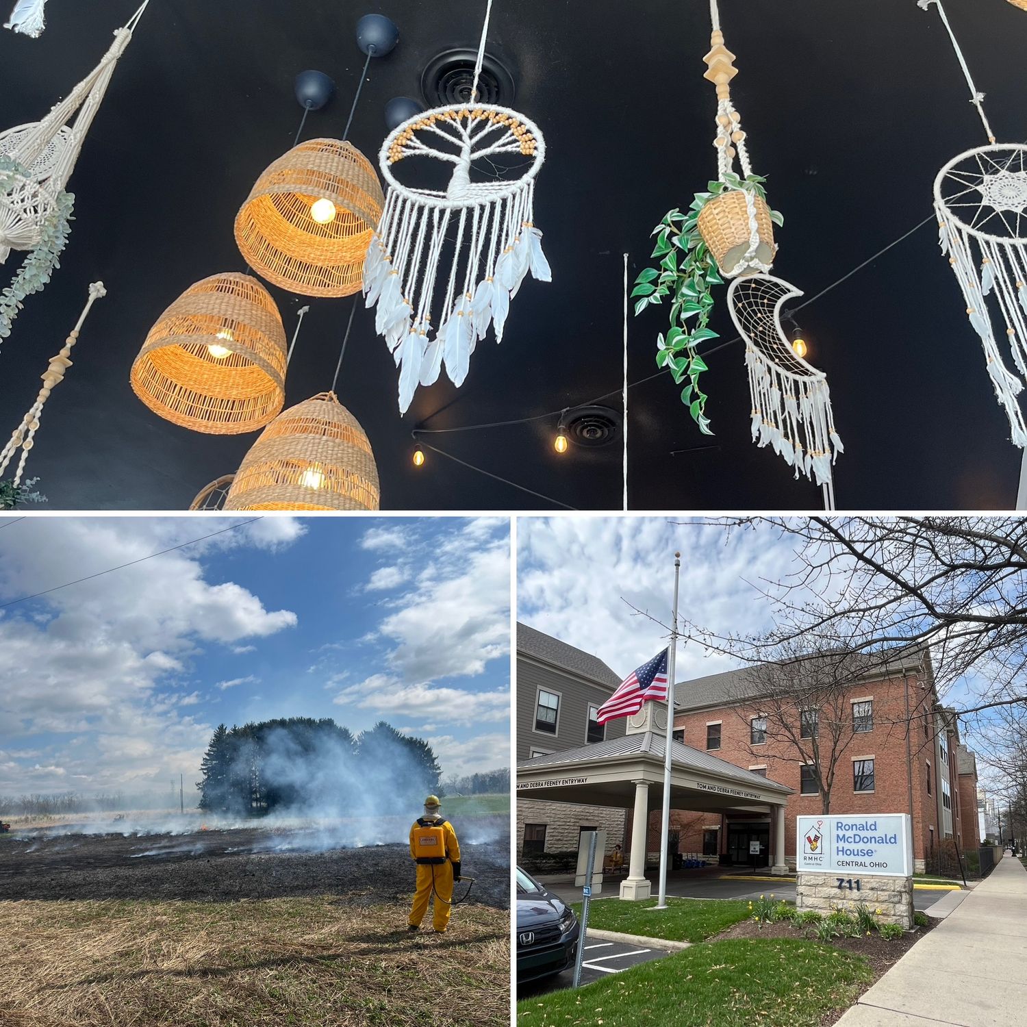 A collage featuring macrame wall hangings, a firefighter at a controlled burn, and the RMHC building exterior.