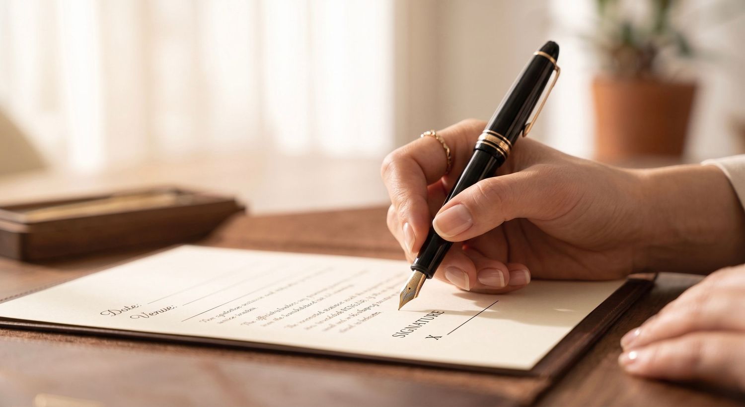 Fountain pen resting on a legal document with a signature line on a wooden desk.