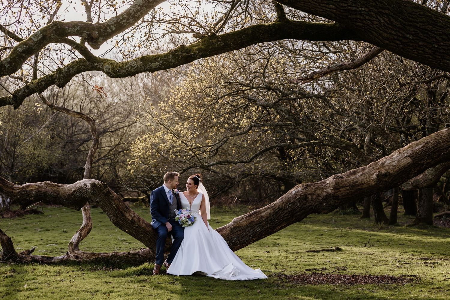 Wedding couple outdoors on tree at Highley Manor