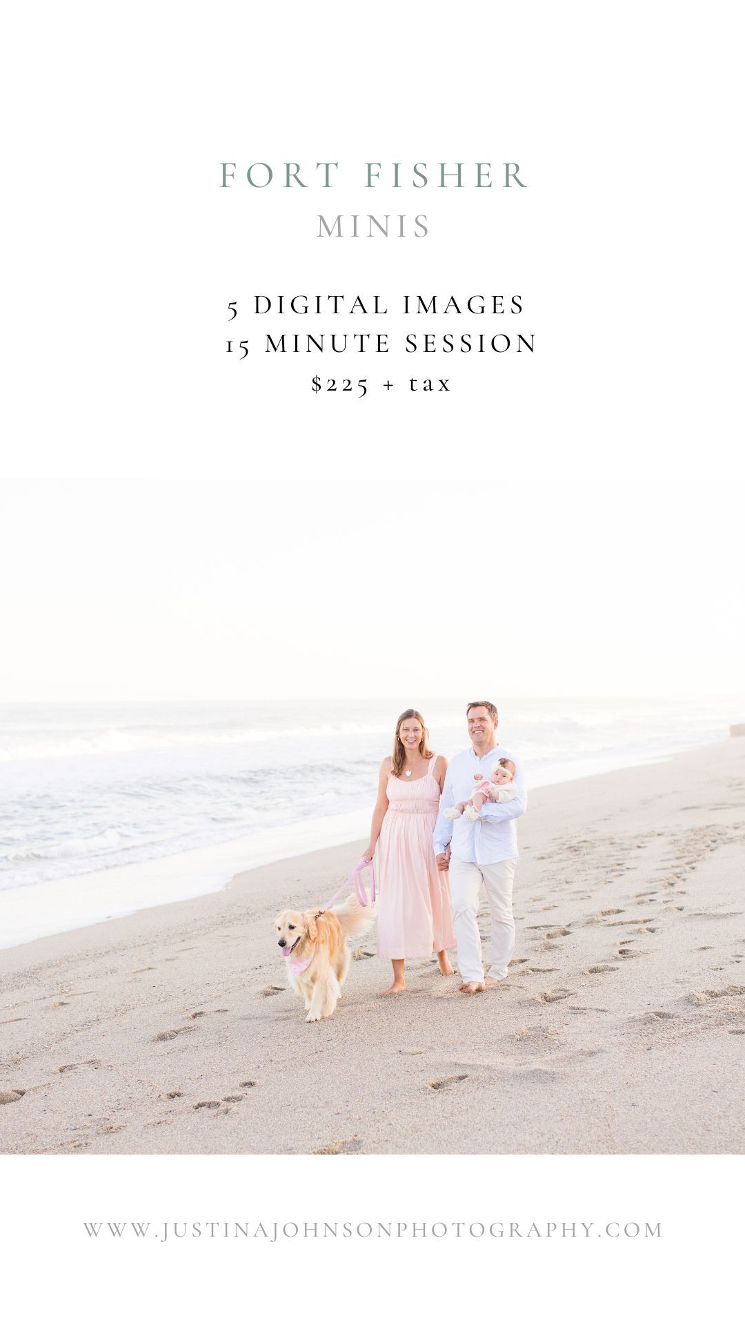 Family with golden retriever walks on Fort Fisher beach during a 15-minute mini photography session priced at $225 plus tax.