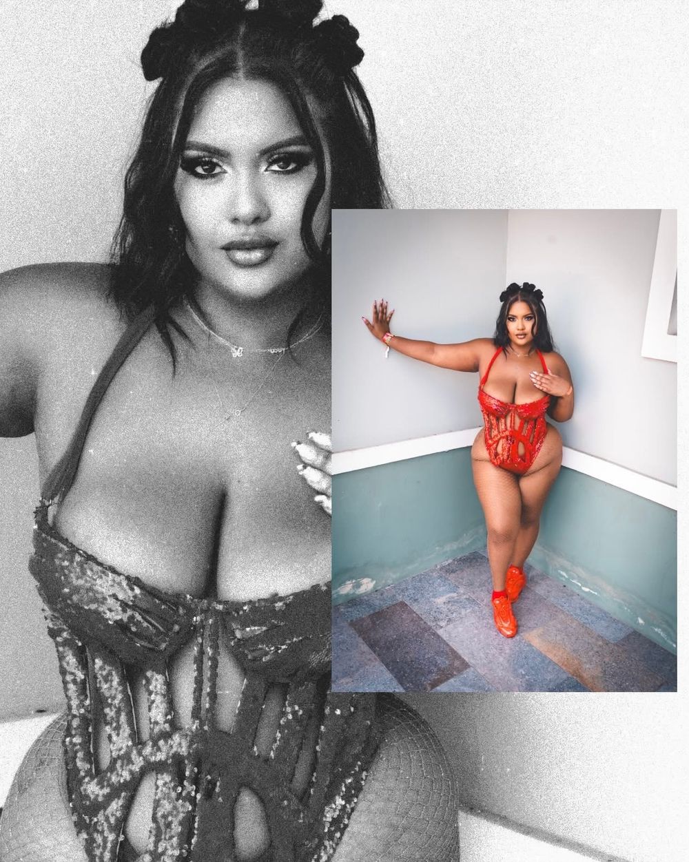 Dual photo collage of curvy woman in sequin corset and red bodysuit posing confidently.