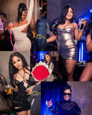 Collage of four stylish women in elegant outfits at Top Tier Sundays nightclub event.