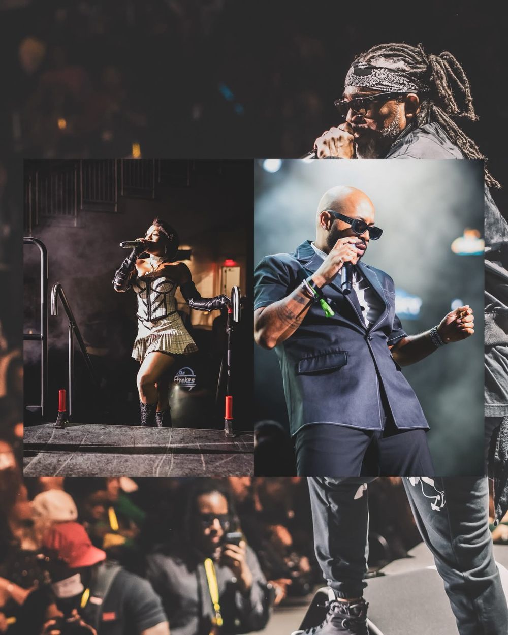 Collage of hip-hop performers on stage including artists with dreads and a suited performer.