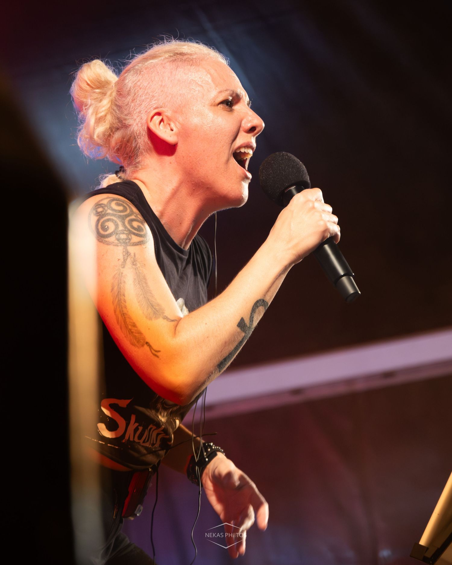 A tattooed singer with pink hair performs passionately on stage, holding a microphone at an outdoor concert.