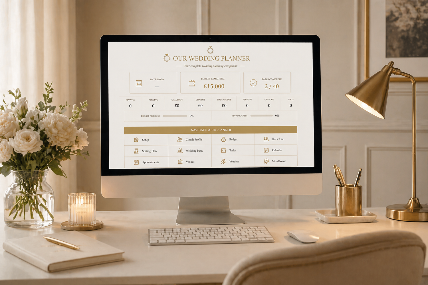 Elegant wedding planner spreadsheet displayed on a desktop monitor on a styled cream desk with gold accents and flowers.