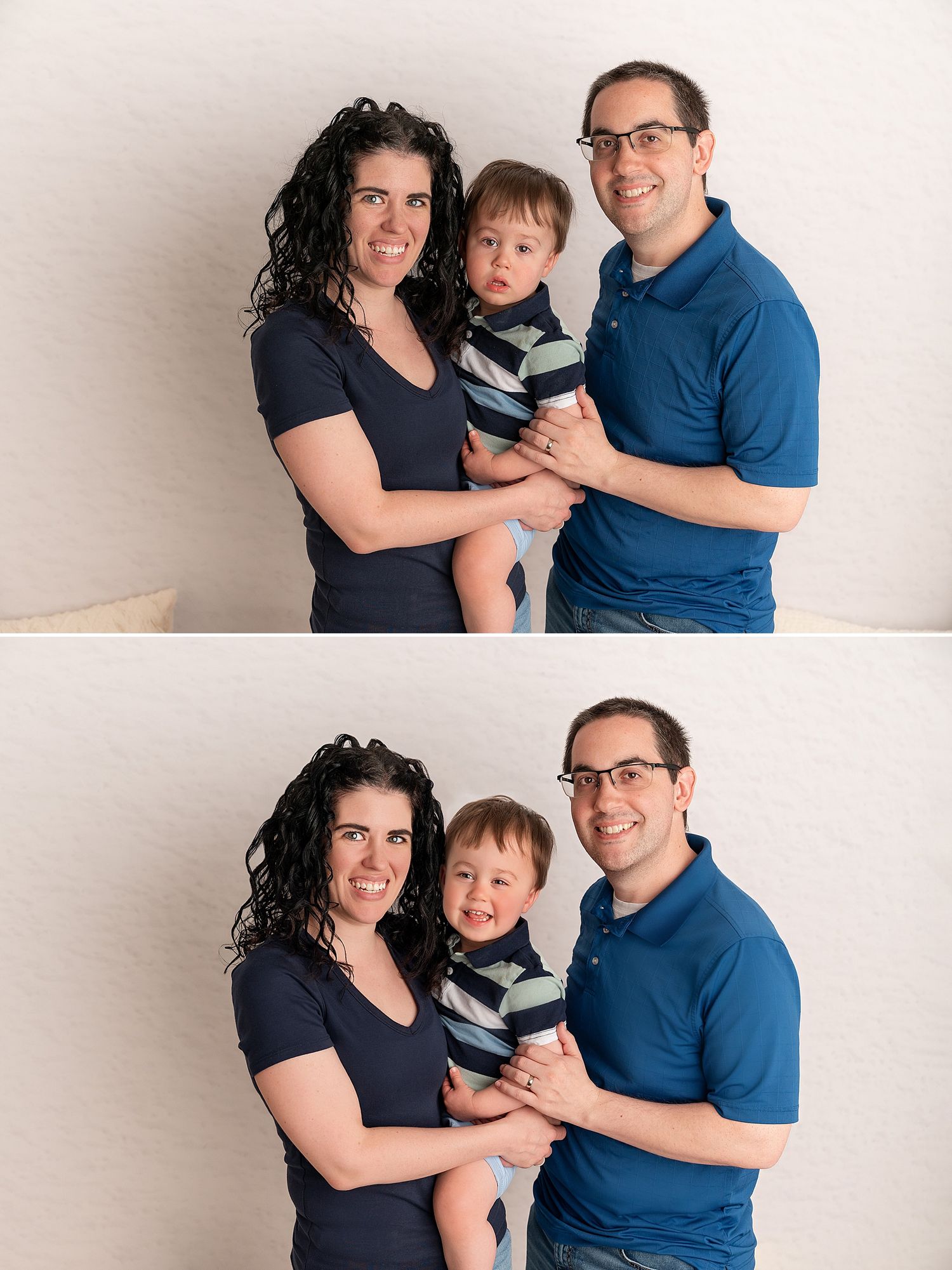Before and after photo of a toddler who would not smile in his family photo so I swapped his head in photoshop with a smiling photo