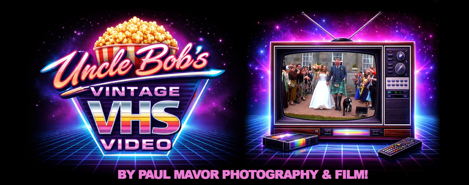 Retro 80s-style banner for Uncle Bob's Vintage VHS Video by Paul Mavor Photography & Film, featuring neon colors and a classic TV.