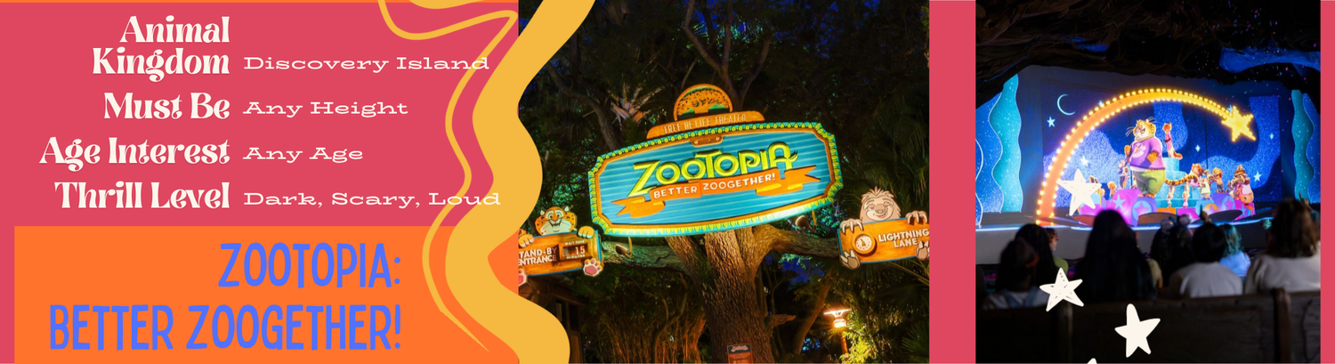 A theme park entrance sign displays Finding Nemo and other attraction titles against a blue and orange background.