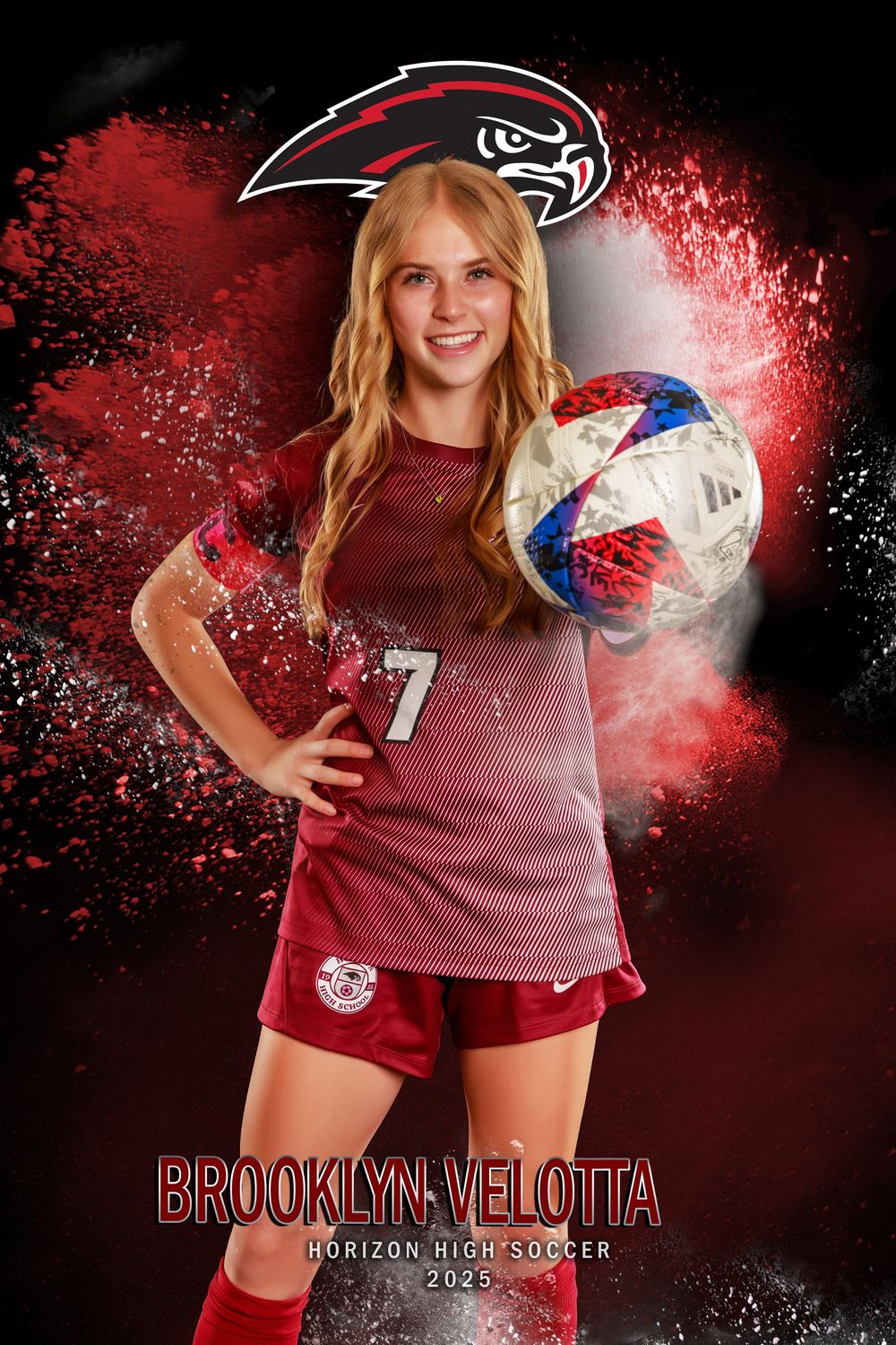Athlete poses with soccer ball in maroon jersey against red and black background with team logo.