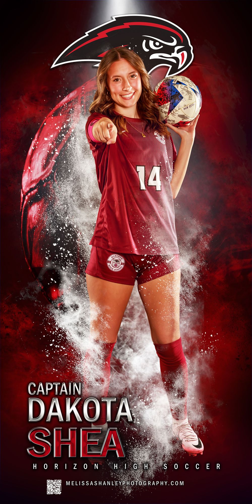 An athlete poses in a red soccer uniform with number 14 against a dramatic red and black background with a hawk logo.