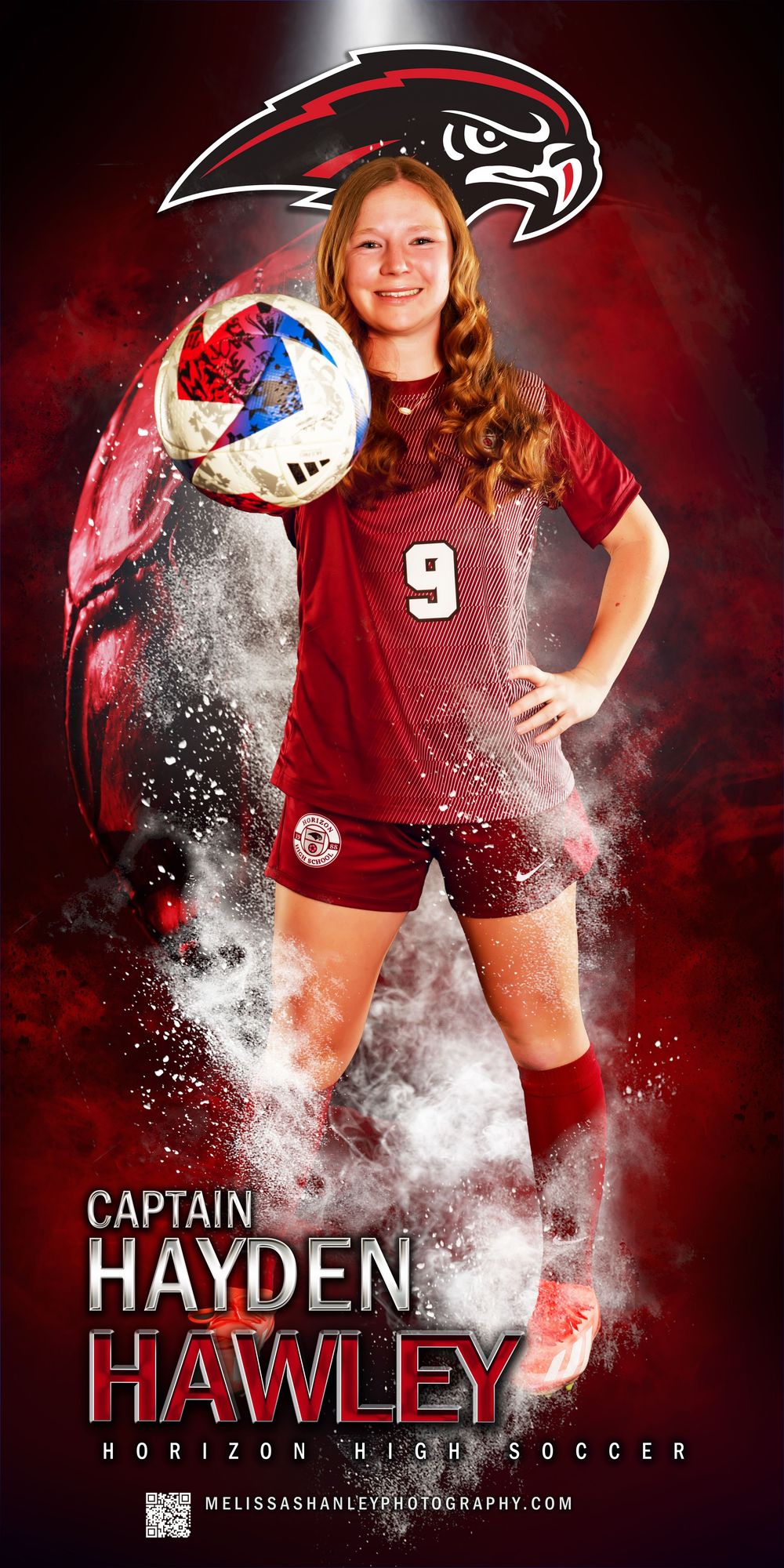 Dynamic sports composite photo featuring athlete in red uniform with dramatic smoke effects against dark background.