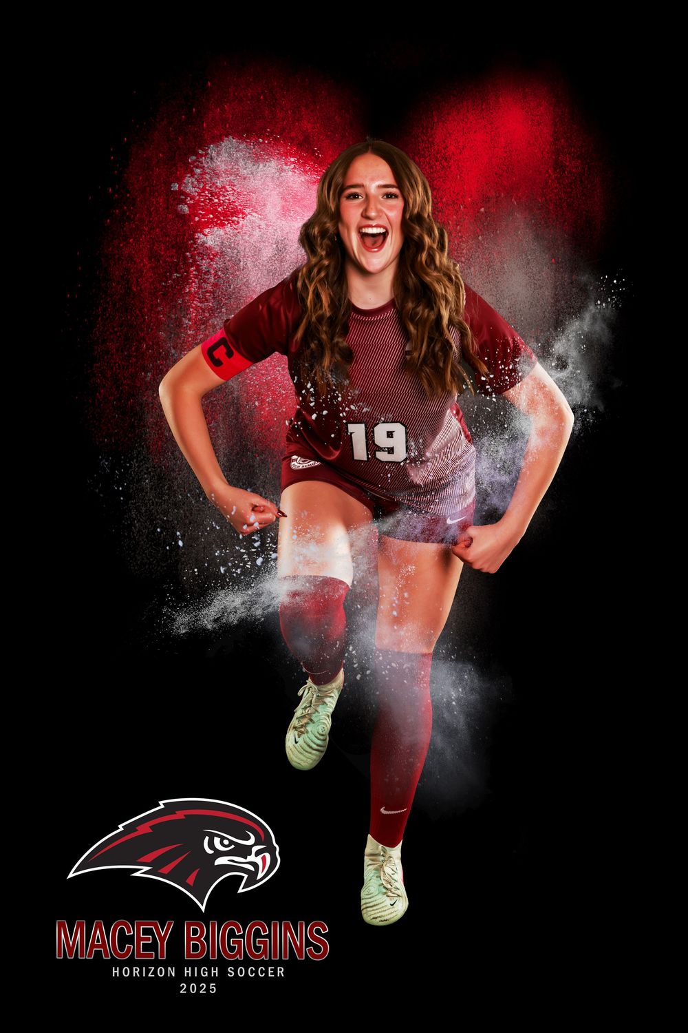 Soccer player in maroon jersey number 19 poses dynamically against dramatic red and white powder splash effect background.