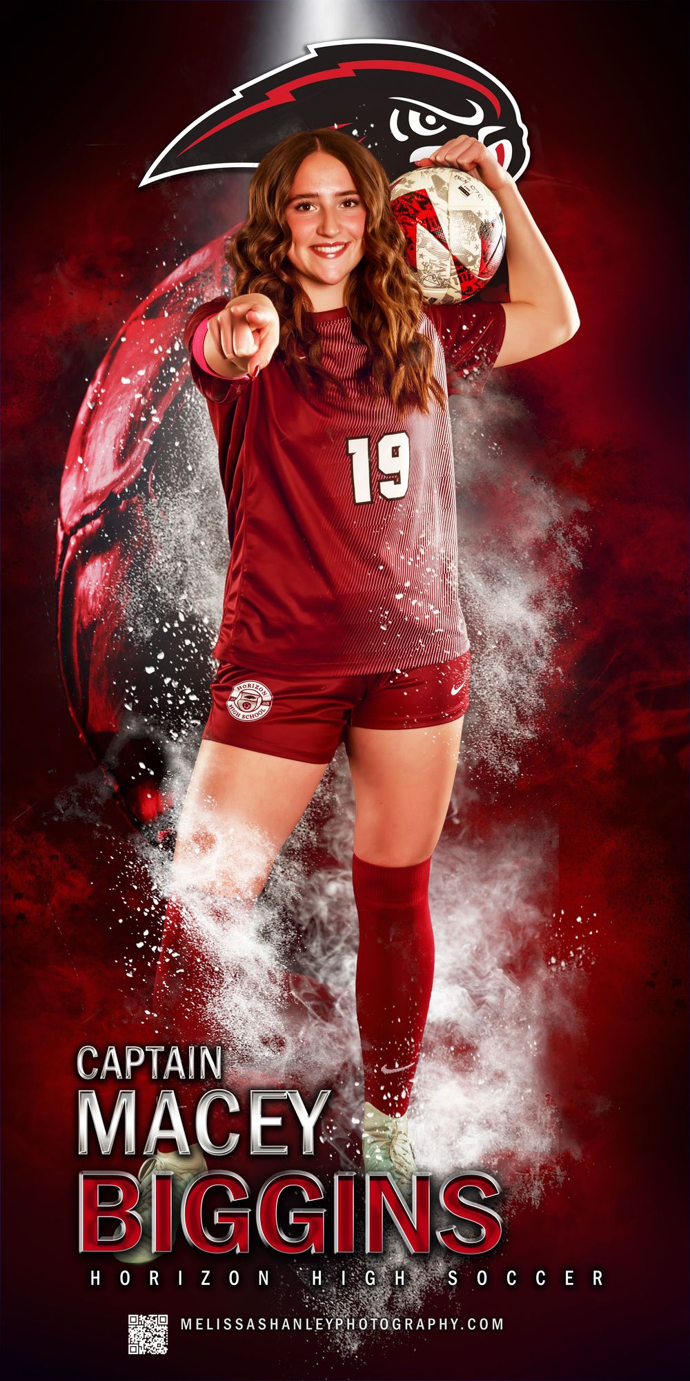Sports poster featuring athlete in maroon uniform with dramatic red and white smoke effects.