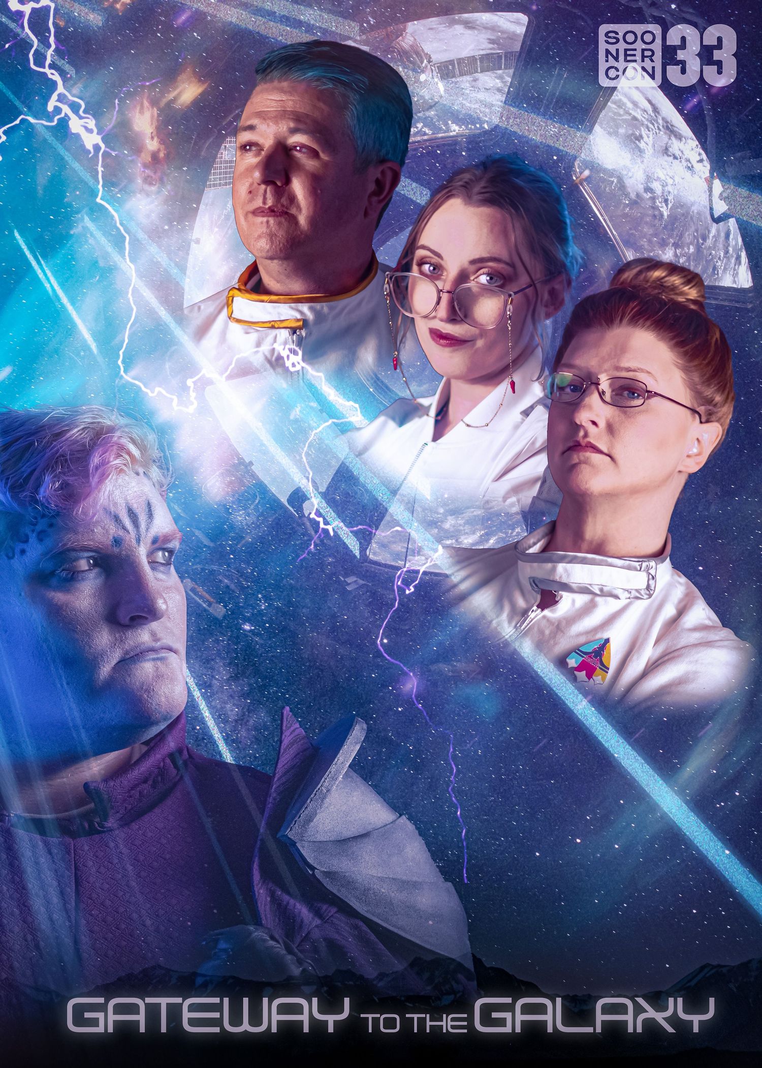 Dramatic science fiction poster showing four astronauts in white uniforms against a cosmic space background with blue lighting effects.