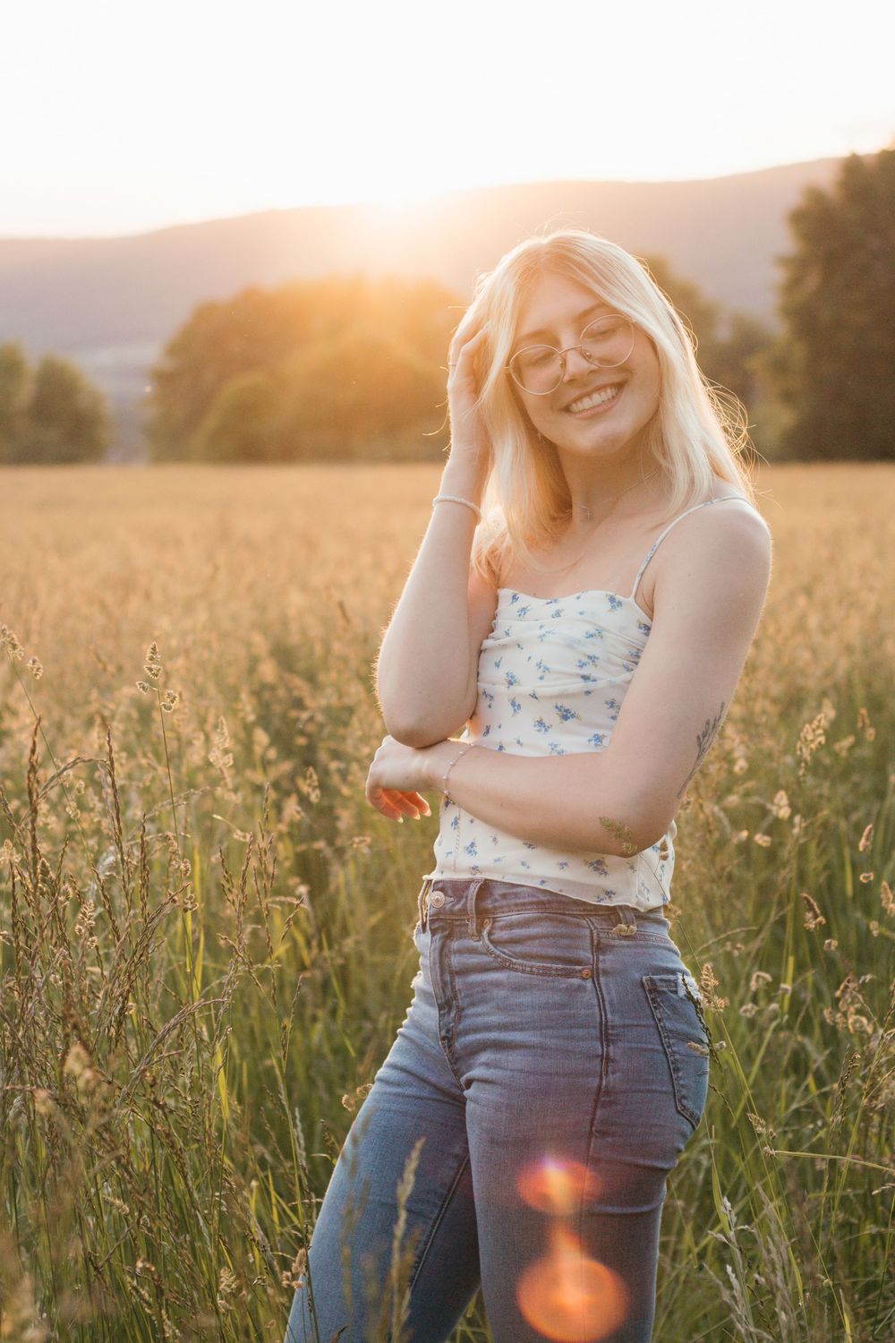 Frolicking in a wildflower field at golden hour sunset