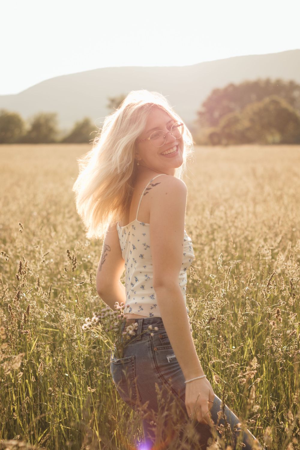Frolicking in a wildflower field at golden hour sunset