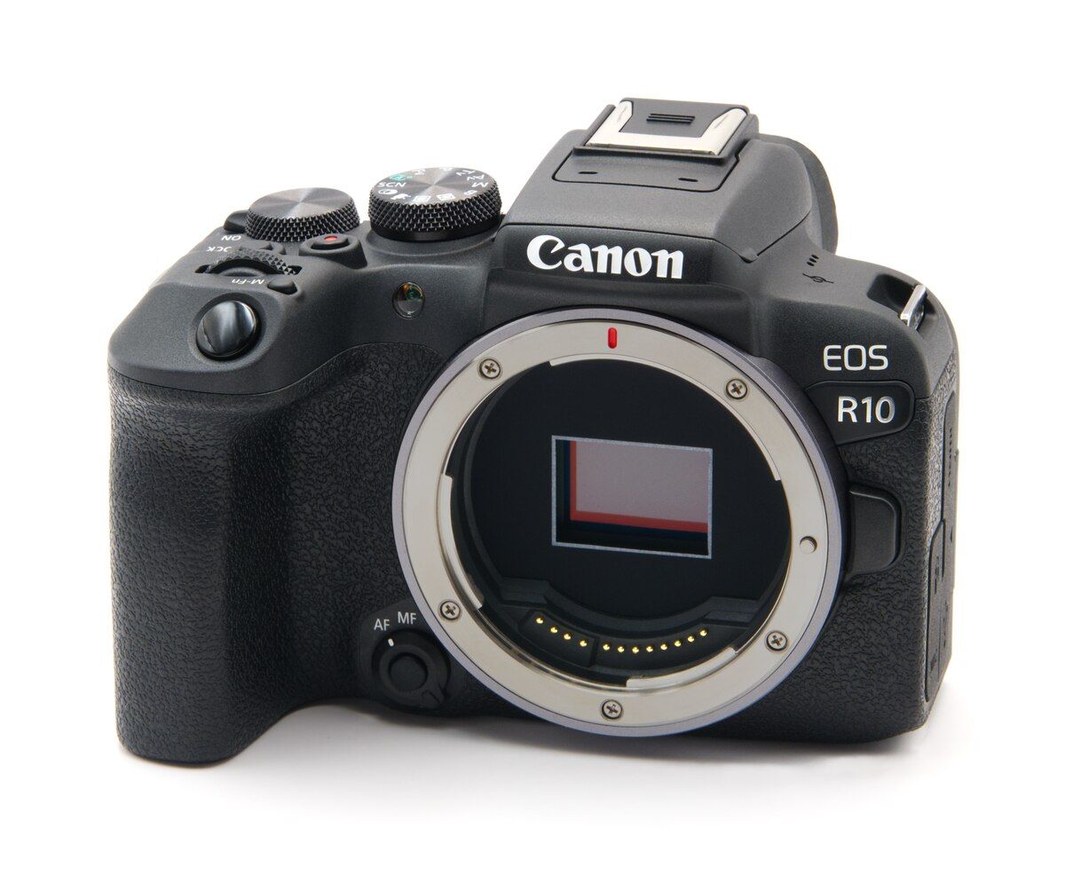 Canon EOS R10 mirrorless camera body showing the lens mount against white background.