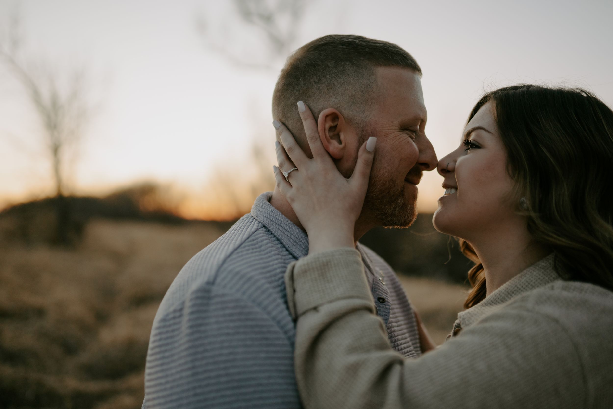 Romantic couple photos captured during golden hour showing tender moments and embraces.