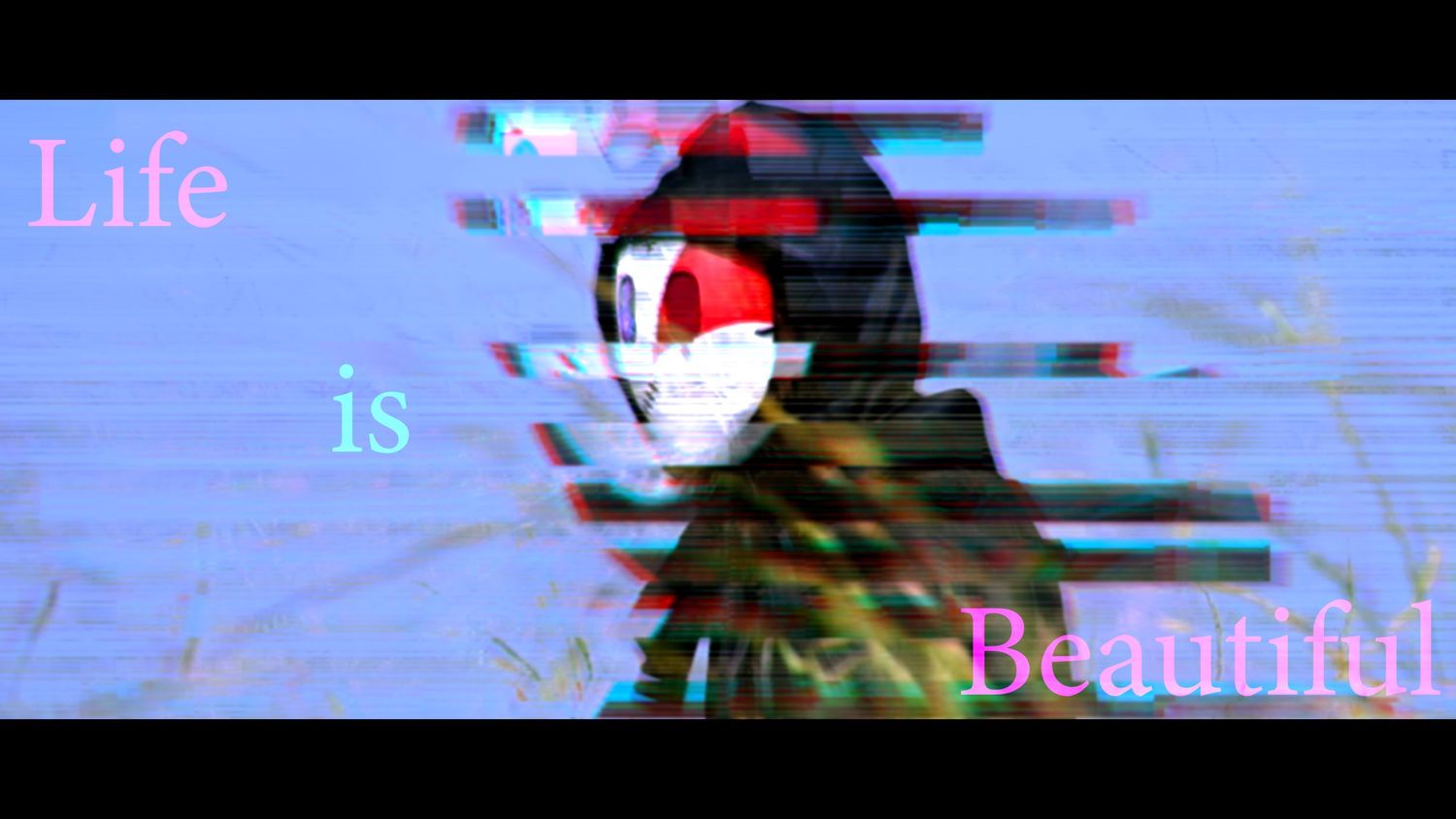 Glitched artistic image showing a silhouette in dark clothes with a masked face against a blurred background with stylized text.
