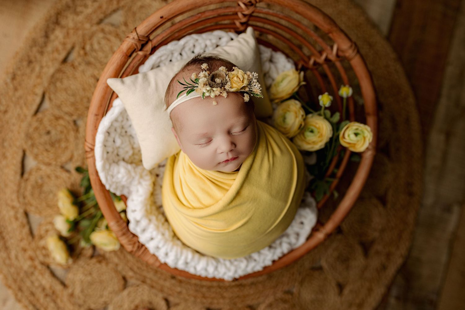 Bailey's Photography | Southern Ohio | Infant Photography | Baby Girl in Yellow Wrap and Flower Crown
