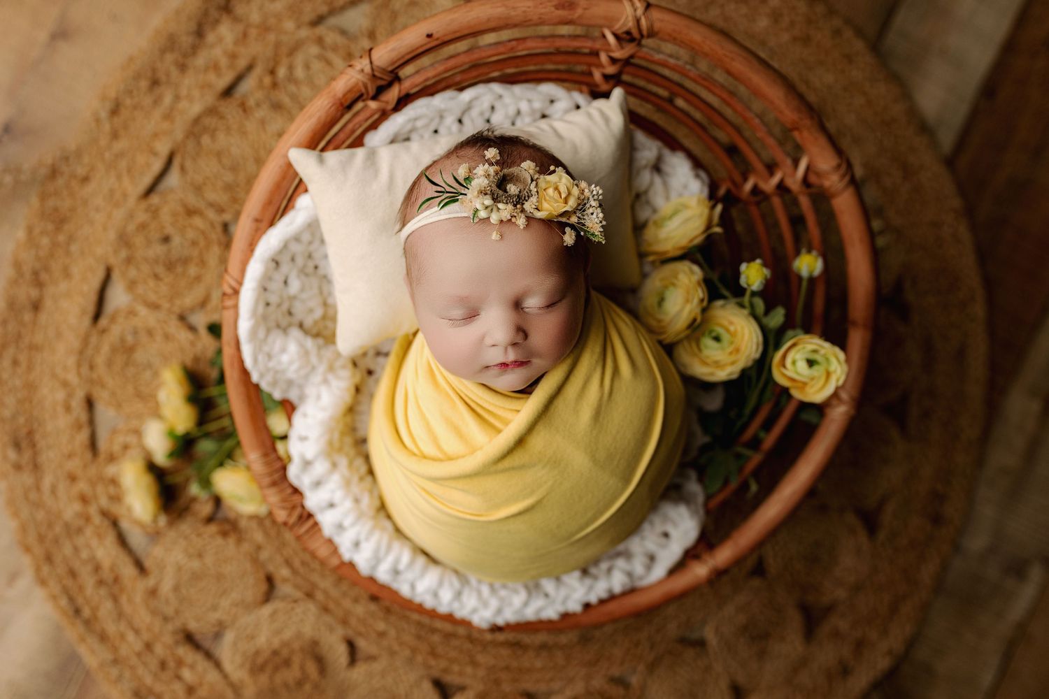 Bailey's Photography | Waverly Ohio | Newborn Portrait Studio | Yellow Wrap and Flower Details