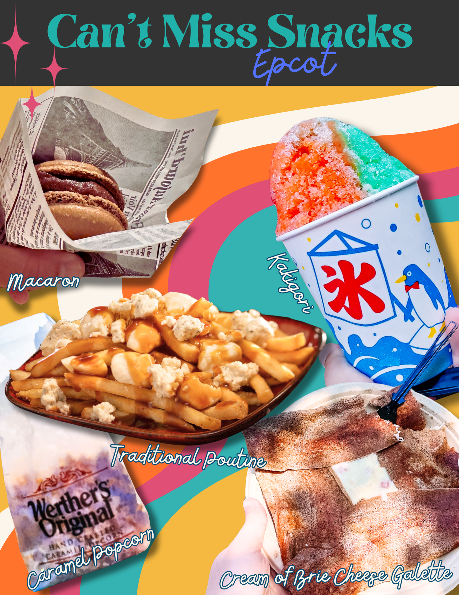 Colorful display of various snack options and treats available at Disney's Epcot theme park.