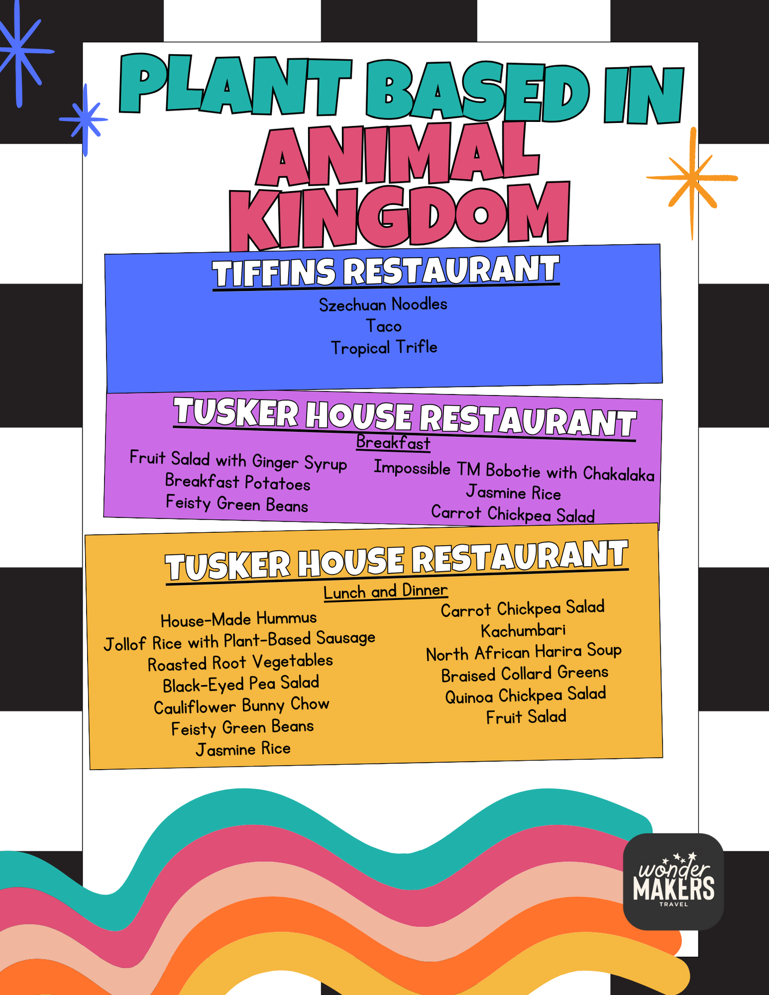Tiffins Restaurant menu featuring plant-based options and dishes from Tusker House Restaurant in Animal Kingdom.