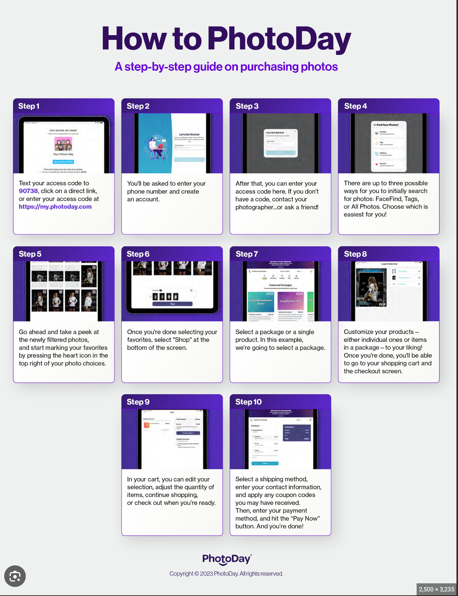 Step-by-step visual guide showing ten purple-themed interface screens explaining how to use the PhotoDay photography platform.