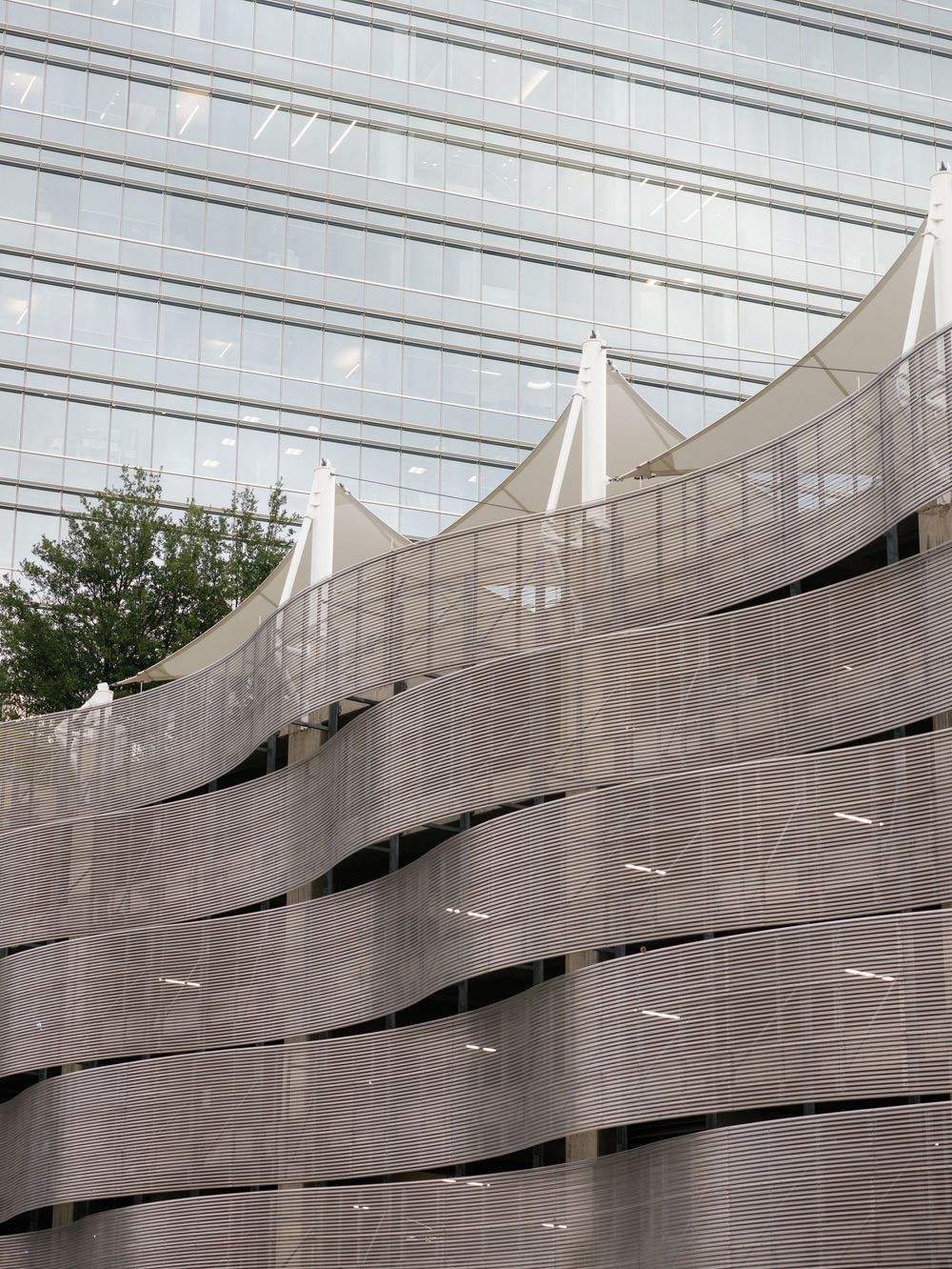 A modern architectural design shows an elegant curved bronze mesh screen mounted on a glass building facade.