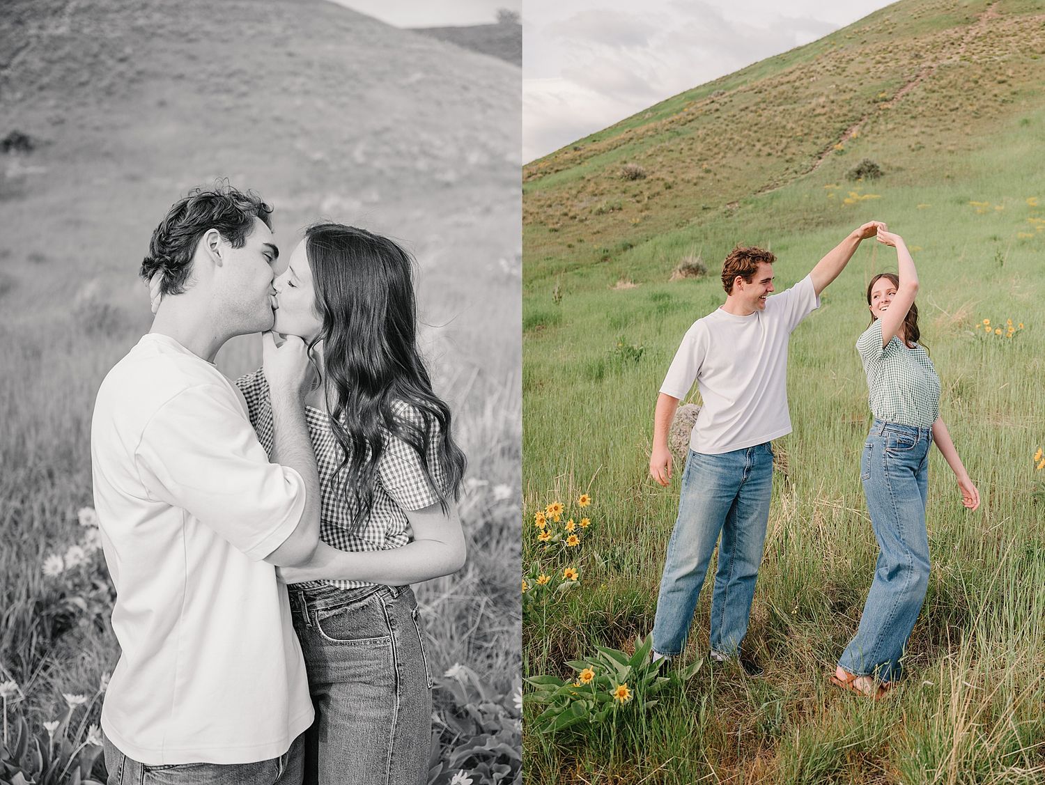 A couple enjoys a romantic outdoor photoshoot together in a grassy hillside setting.