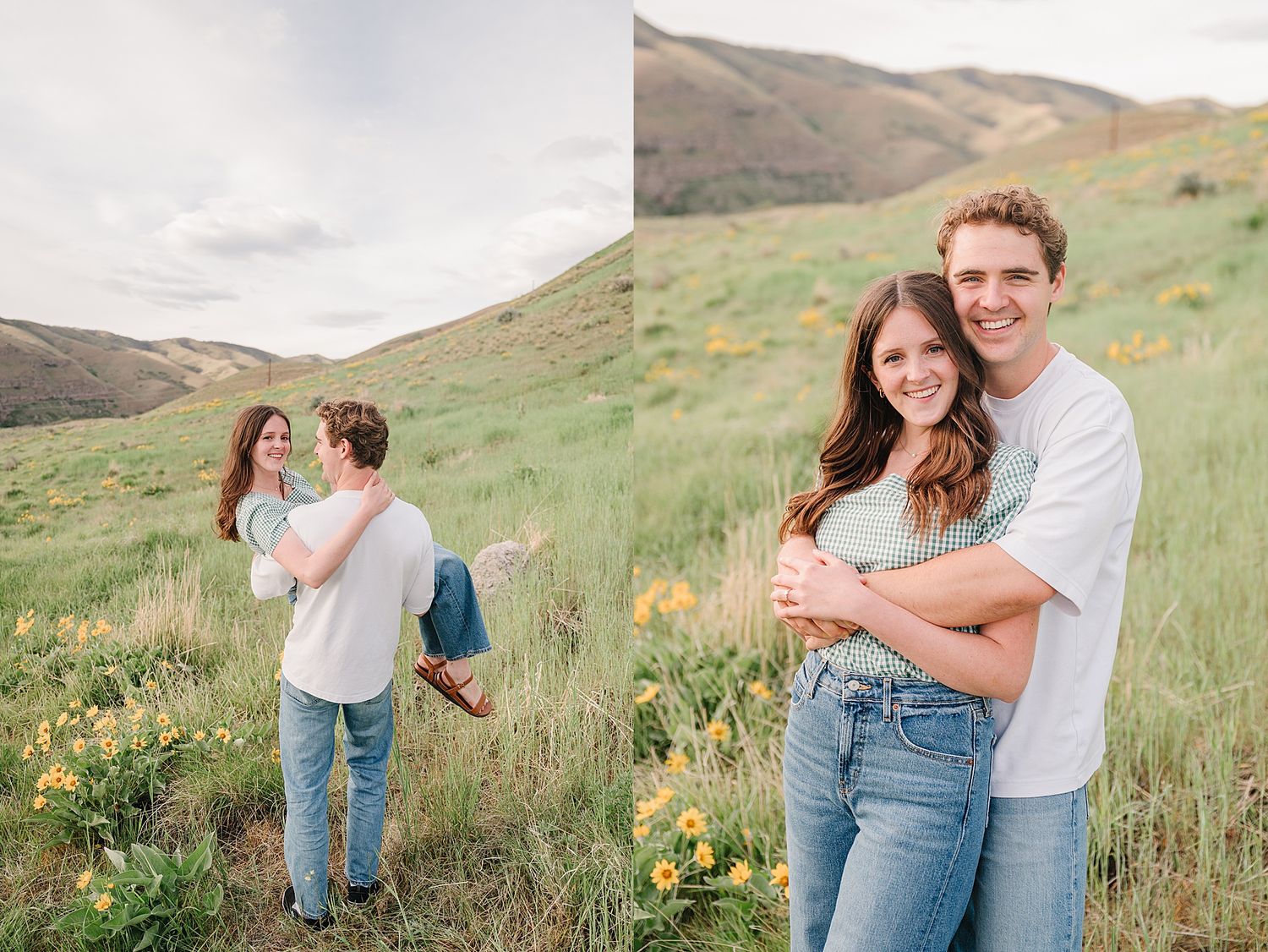 Candid shots of a couple laughing and playing in a golden grassy hillside during sunset.
