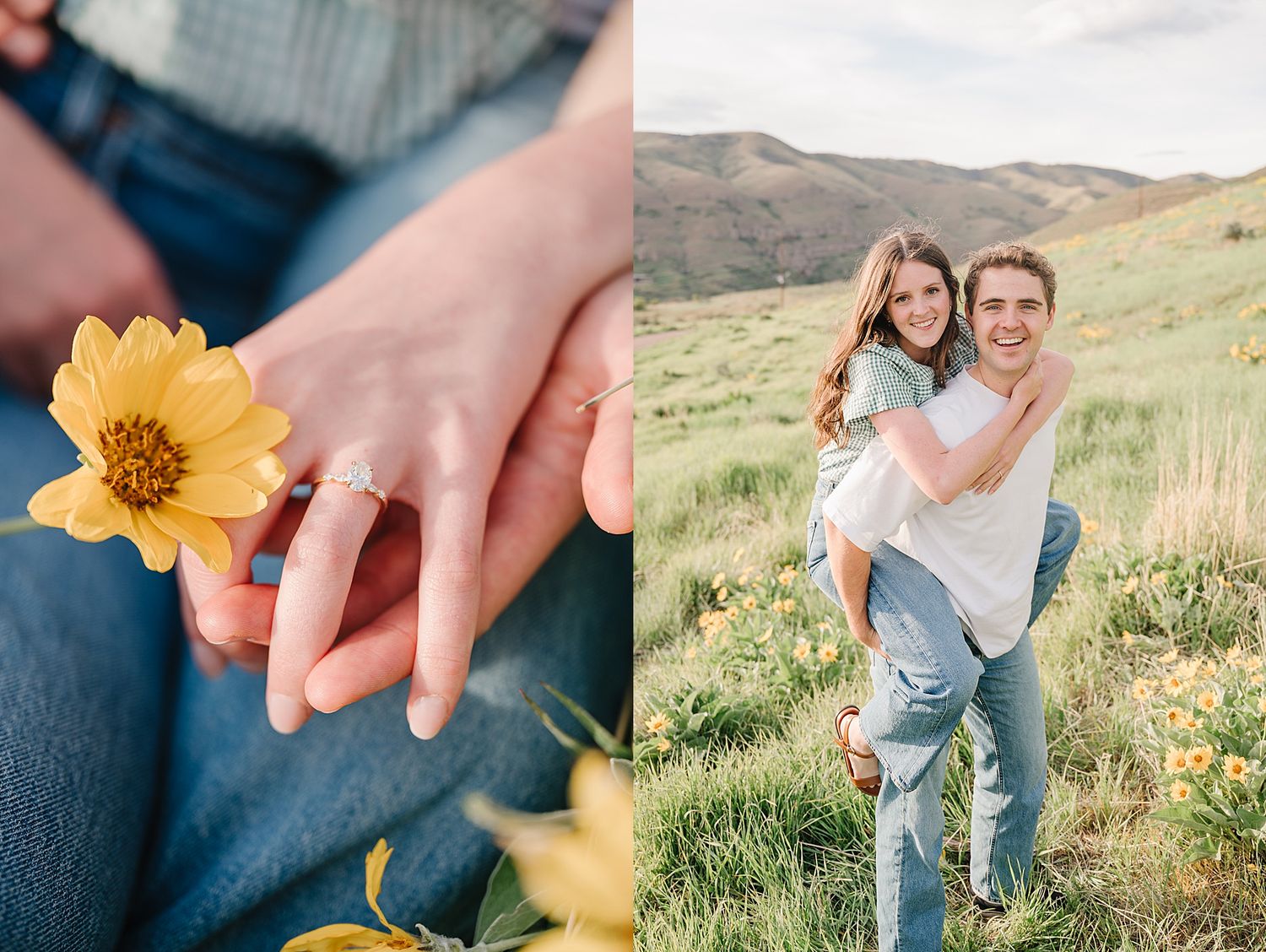 Split image showing yellow flower held delicately in hand and a couple enjoying a playful piggyback ride on grassy hillside.