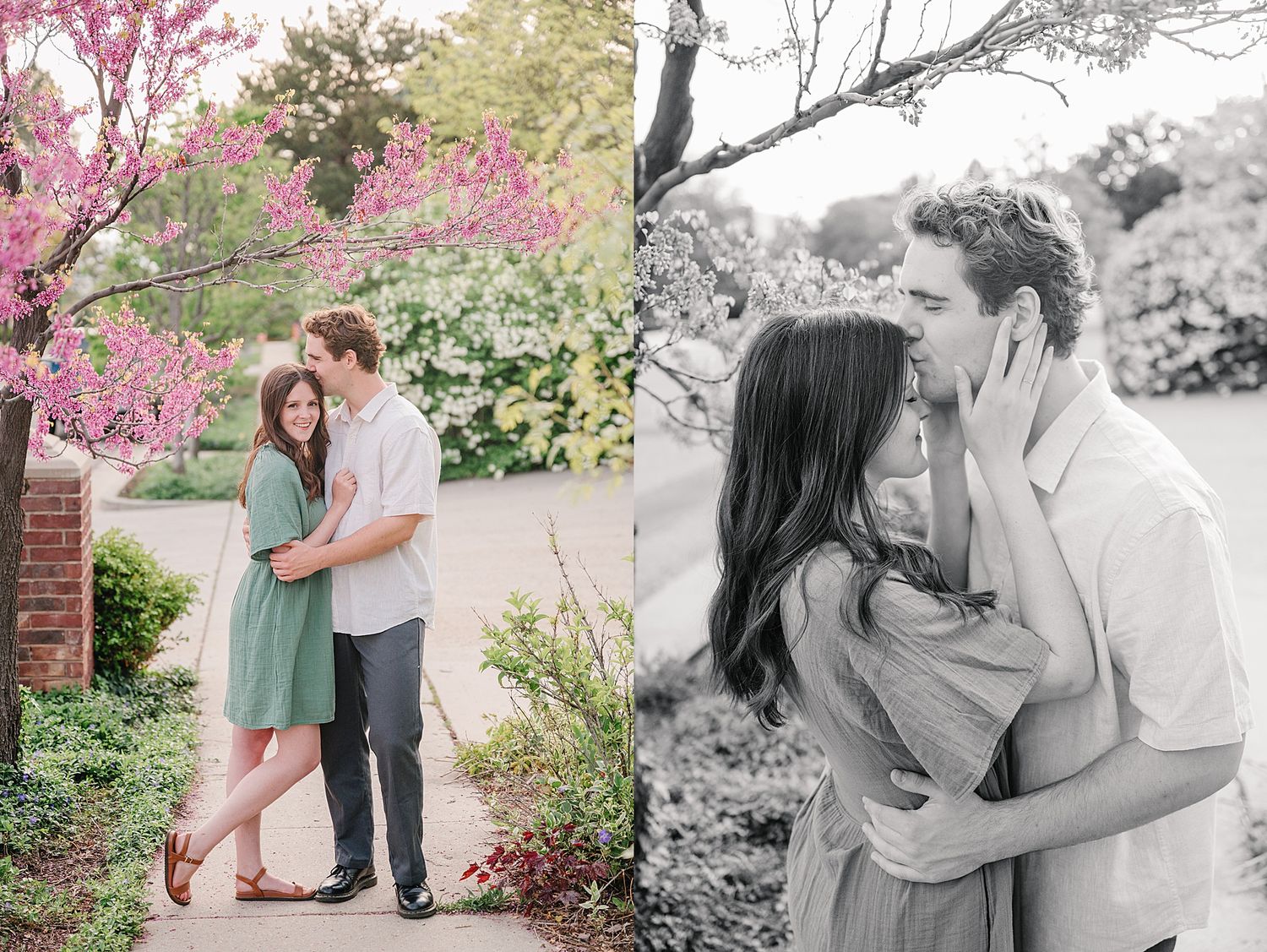 A couple embraces near pink flowering trees and a brick wall in a romantic spring engagement photo session.