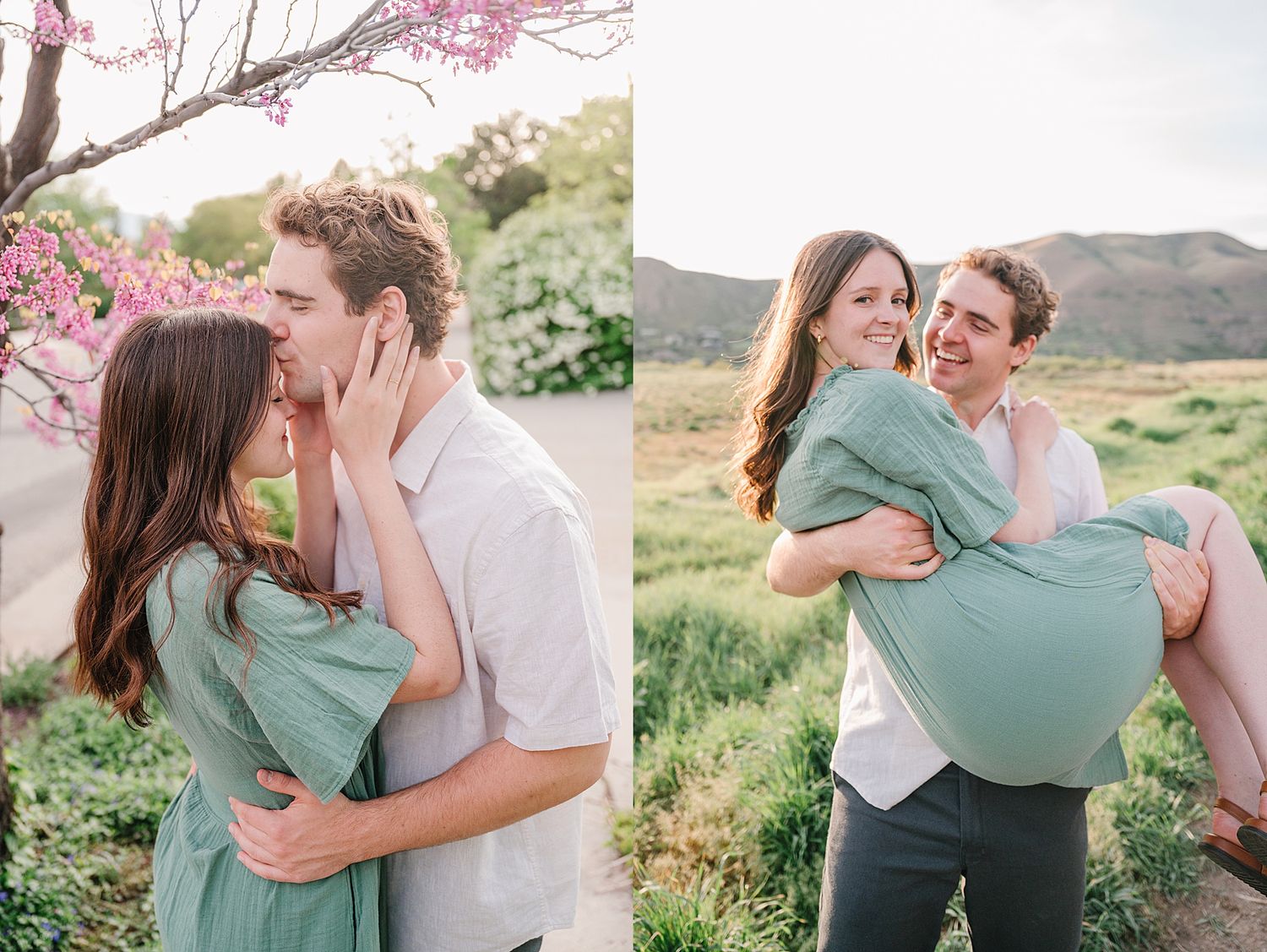 A couple embraces in a romantic springtime setting with blooming cherry blossoms and mountains in the background.