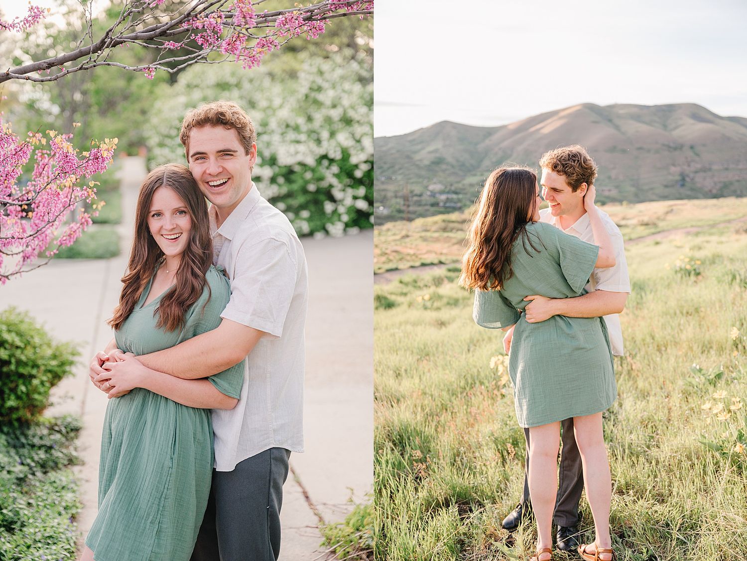 A romantic photoshoot sequence showing tender moments between a couple in a mountain meadow setting.