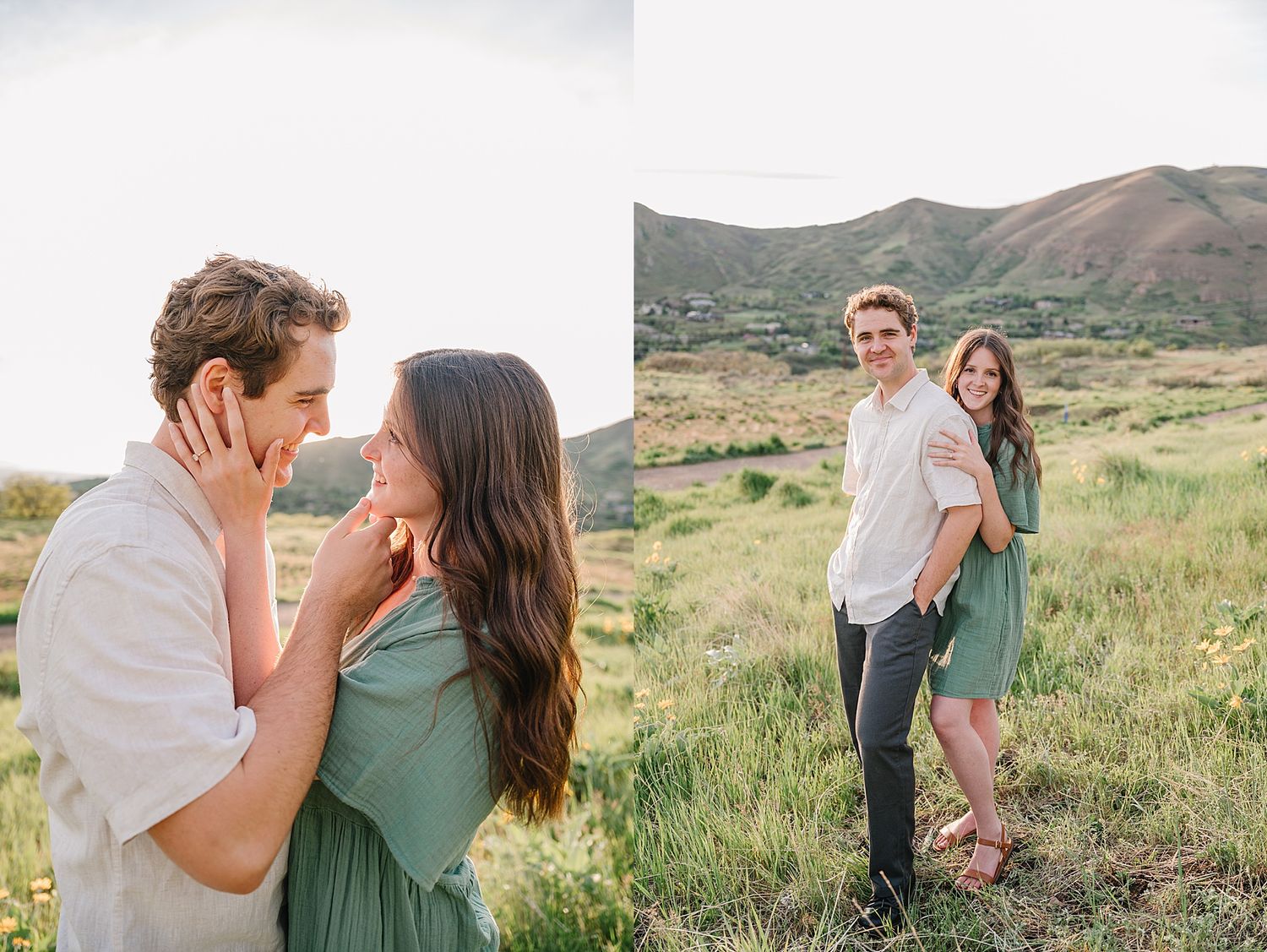 A series of romantic poses captured in a natural outdoor setting with rolling hills and grass.