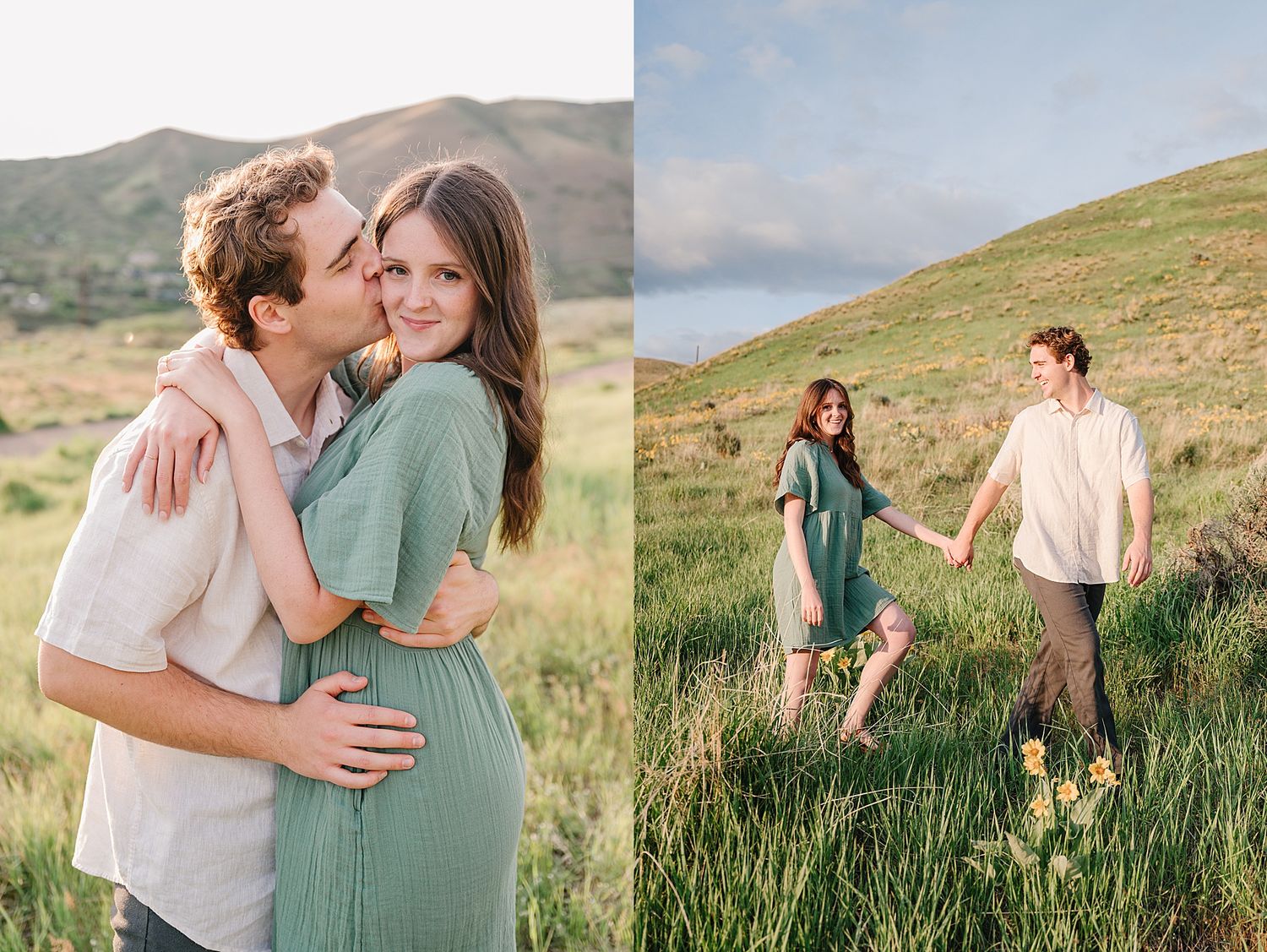 A couple embraces and shares intimate moments in a scenic mountainous meadow filled with tall grass.