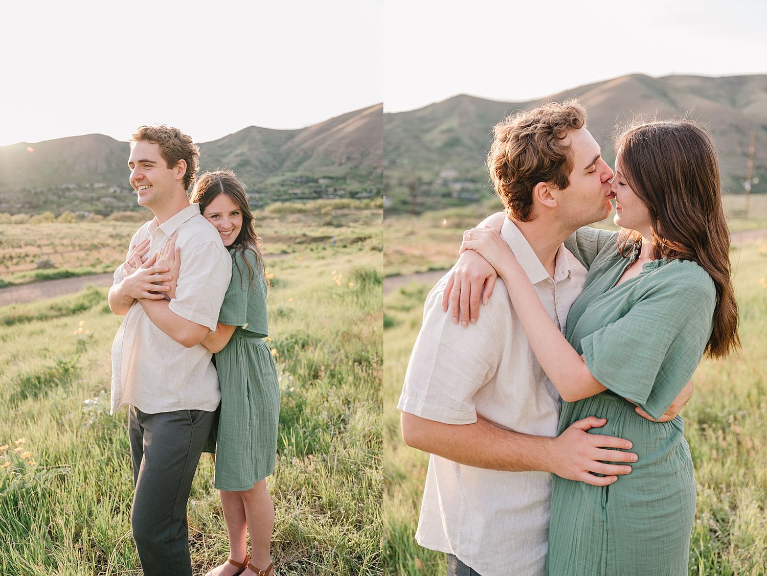 A collection of candid romantic moments photographed in a scenic mountain landscape at golden hour.