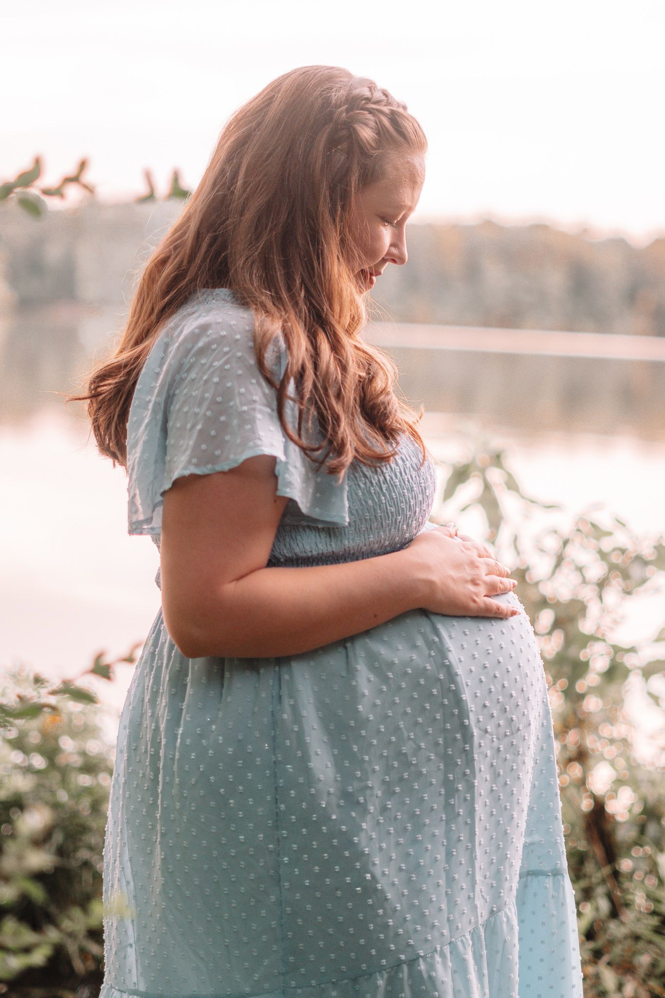 Series of shots showing a light blue textured dress against natural sunlight.