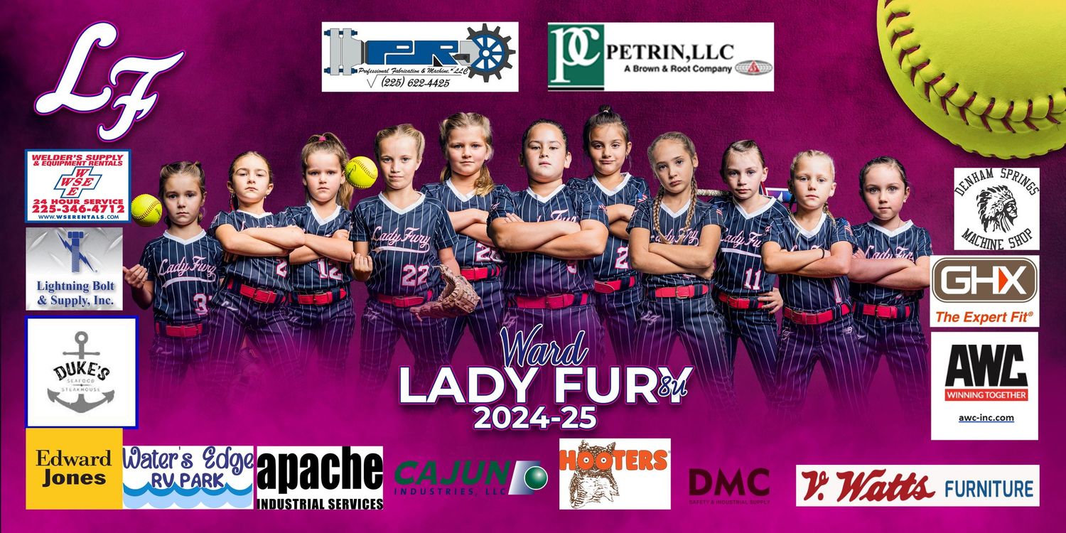 Lady Fury softball team banner with sponsors and player lineup in navy uniforms.
