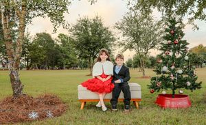 Vintage holiday scene with figures seated on bench next to decorated Christmas tree on grassy lawn at sunset.