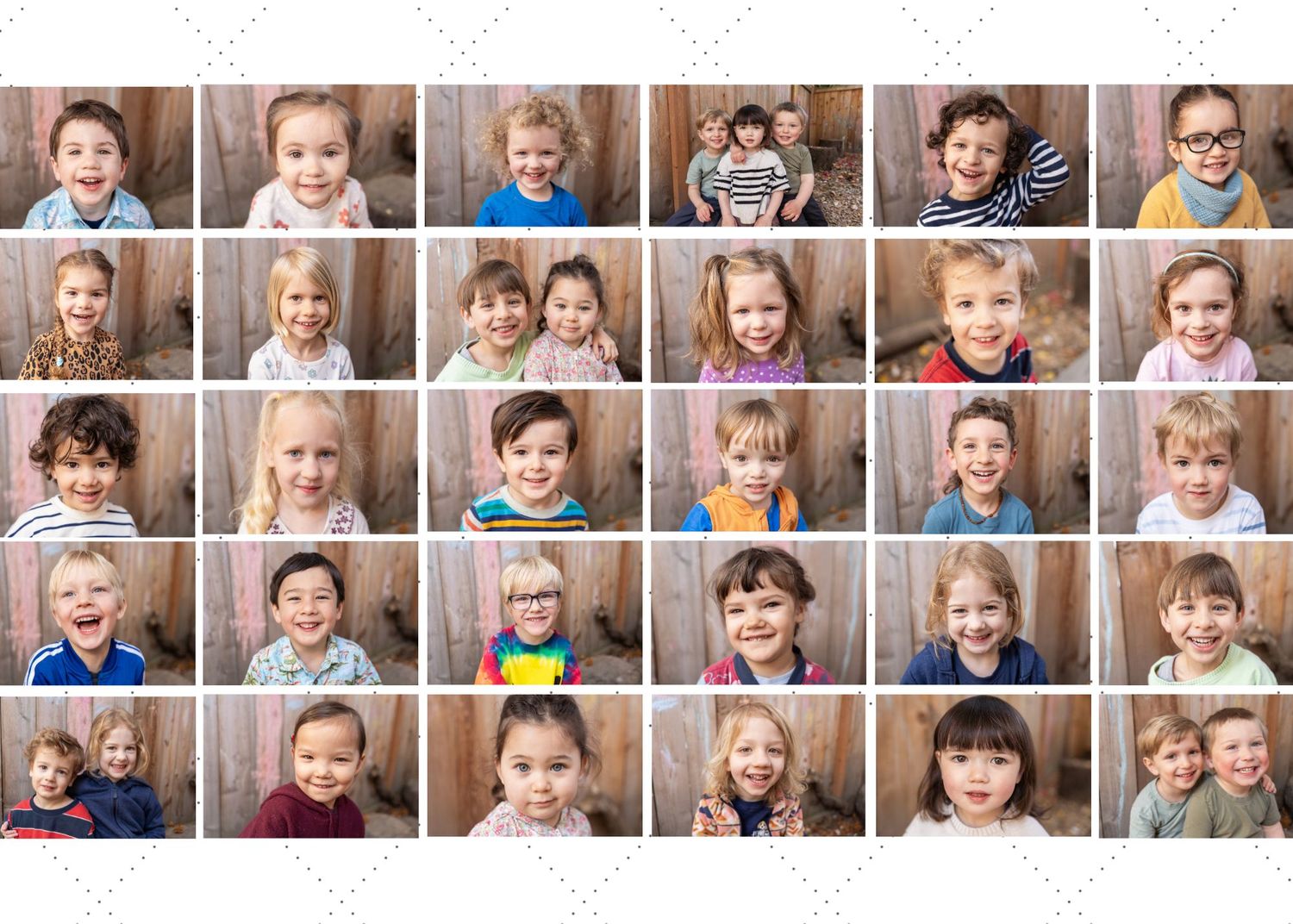 A photo collage grid showing multiple candid portraits of children in casual settings with various expressions and poses.
