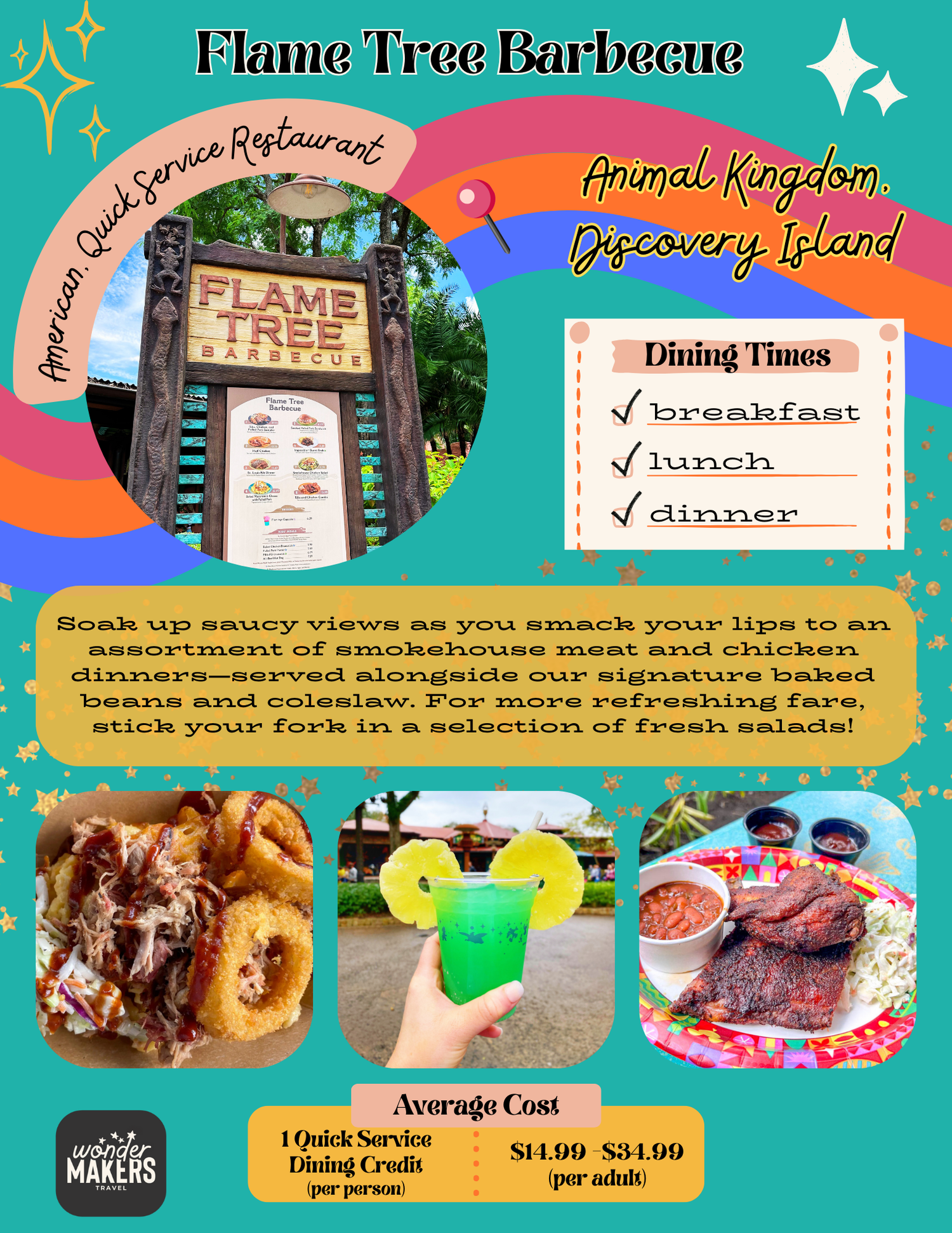 Colorful restaurant menu design featuring BBQ dishes, salads, and meal options at Flame Tree Barbecue with pricing information.