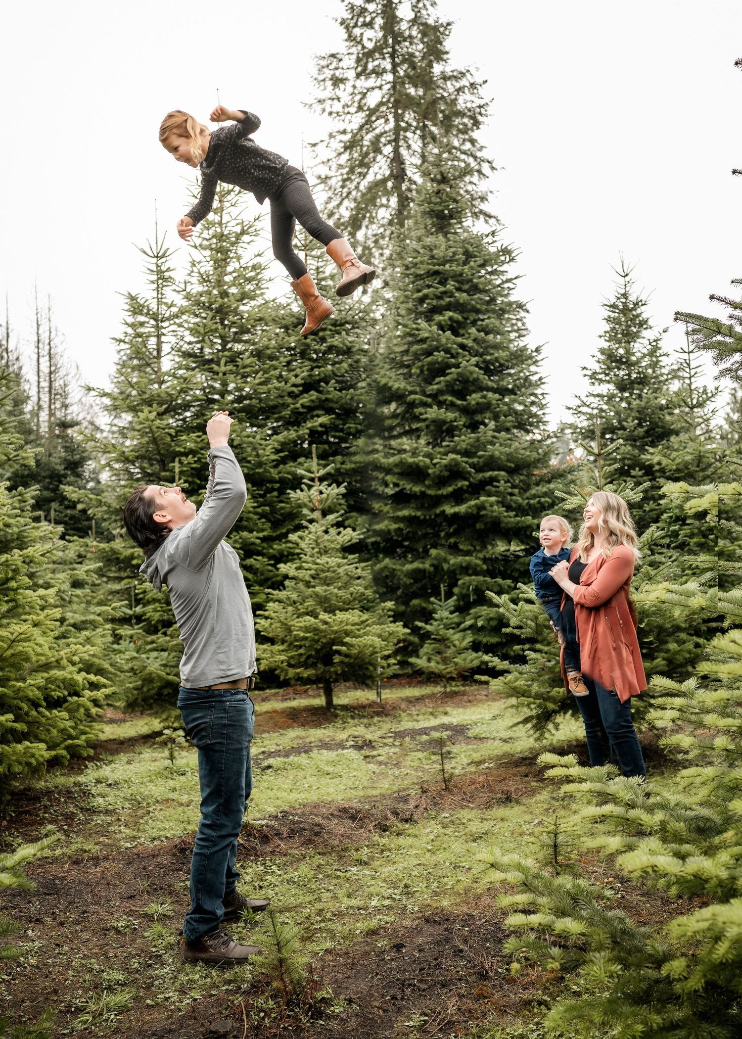 Family enjoying a playful moment at a Christmas tree farm as a child is tossed in the air among evergreen trees.