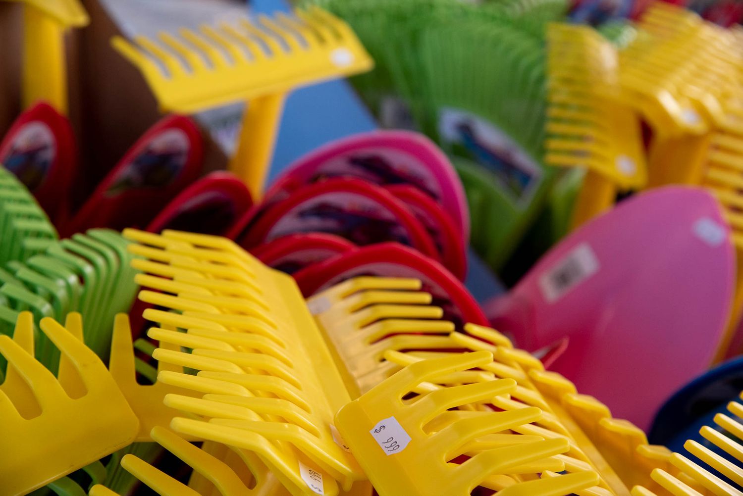 Colorful plastic hair combs and clips in vibrant yellow, pink, and green arranged in a close-up macro shot at Bradford Greenhouse in Barrie